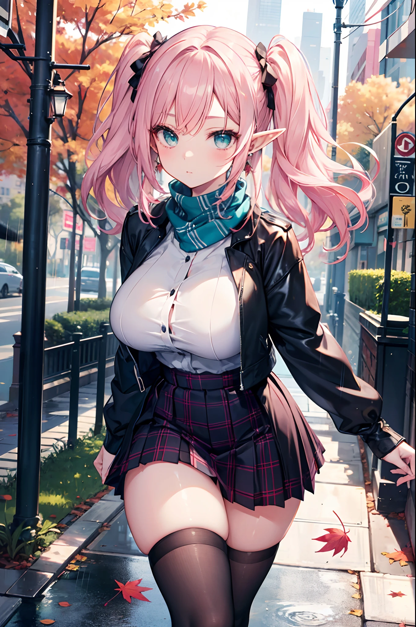 Realistic and detailed image of an elf. with scarf. a long shirt and plaid pleated mini-skirt. stockings to mid-thigh. Unusually shiny long silky light pink hair styled in pigtails. bright turquoise eyes. She has earrings and long eyelashes. Large breasts, slim waist, very wide hips and thick thighs. Back arched. walking sensually. Autumn. falling leaves. rainy day. park. Volumetric light. Ambient light.