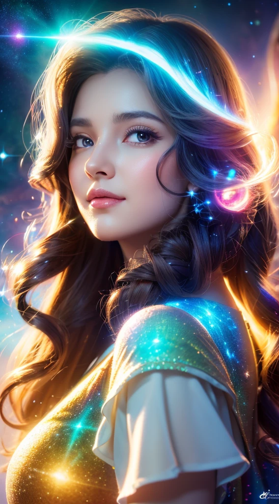 (realistic) A girl in cloud universe with shining stars and galaxy, wearing a (clean and elegant) dress, surrounded by (vibrant and colorful), light particles surround, heaven opens into the swirls of galaxy. Full body and showing legs, Her (beautiful detailed) eyes and (beautiful detailed) lips. The dress is made of a light material. The girl's hair flows down in (loose and natural) curls, adding to her (gentle and carefree) appearance. She is holding a glowing orb that has swirls of colors. The overall image is of (best quality, highres) with (ultra-detailed) textures and (realistic) colors. The color palette dreamy and ethereal atmosphere. The lighting is soft, casting subtle shadows. 8k cinematic, volumetric lighting, golden ratio