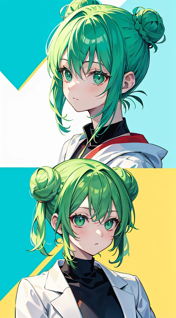 Double bun, Green hair, animesque, Contemporary art, minimalism, High quality