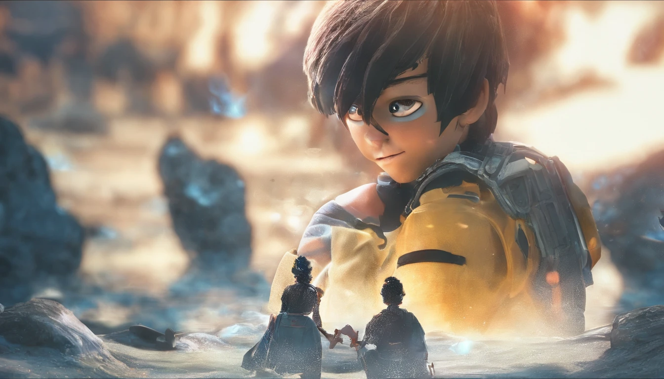 The image was taken with a high-resolution camera,Close-up of the boy's face,Displays the details of the scene。The color palette is dominated by blue and white,Create a harmonious and peaceful atmosphere。The composition follows the rule of thirds,in the early morning,The boy stood by the babbling stream,There are faint water waves,Clear。The boy looks at the camera on the left side of the frame,Smiling,teeth showing,There is plenty of room to breathe in streams and in the sky。The camera angle is slightly tilted,Add dynamic elements to a static scene。The golden glow is soft and diffuse,Soft shadows cast on the man's face。The boy's eyes were clear and bright, The overall style is reminiscent of Impressionism,loose strokes,It has a fantastic texture。