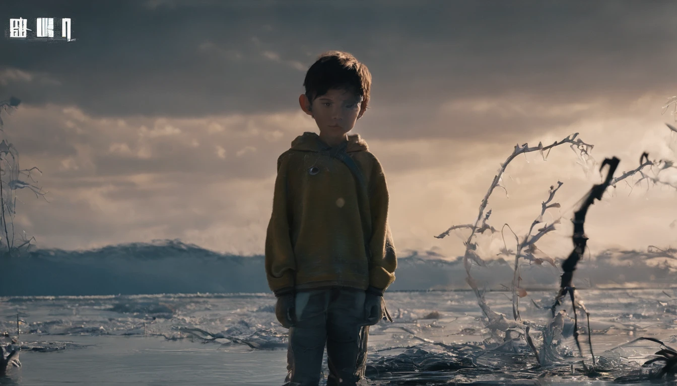 The image was taken with a high-resolution camera，Close-up of the boy's face，Displays the details of the scene。The color palette is dominated by blue and white，Create a harmonious and peaceful atmosphere。The composition follows the rule of thirds，in the early morning，The boy stood by the babbling stream，There are faint water waves，Clear。The boy looks at the camera on the left side of the frame，Smiling，teeth showing，There is plenty of room to breathe in streams and in the sky。The camera angle is slightly tilted，Add dynamic elements to a static scene。The golden glow is soft and diffuse，Soft shadows cast on the man's face。The boy's eyes were clear and bright, The overall style is reminiscent of Impressionism，loose strokes，It has a fantastic texture。