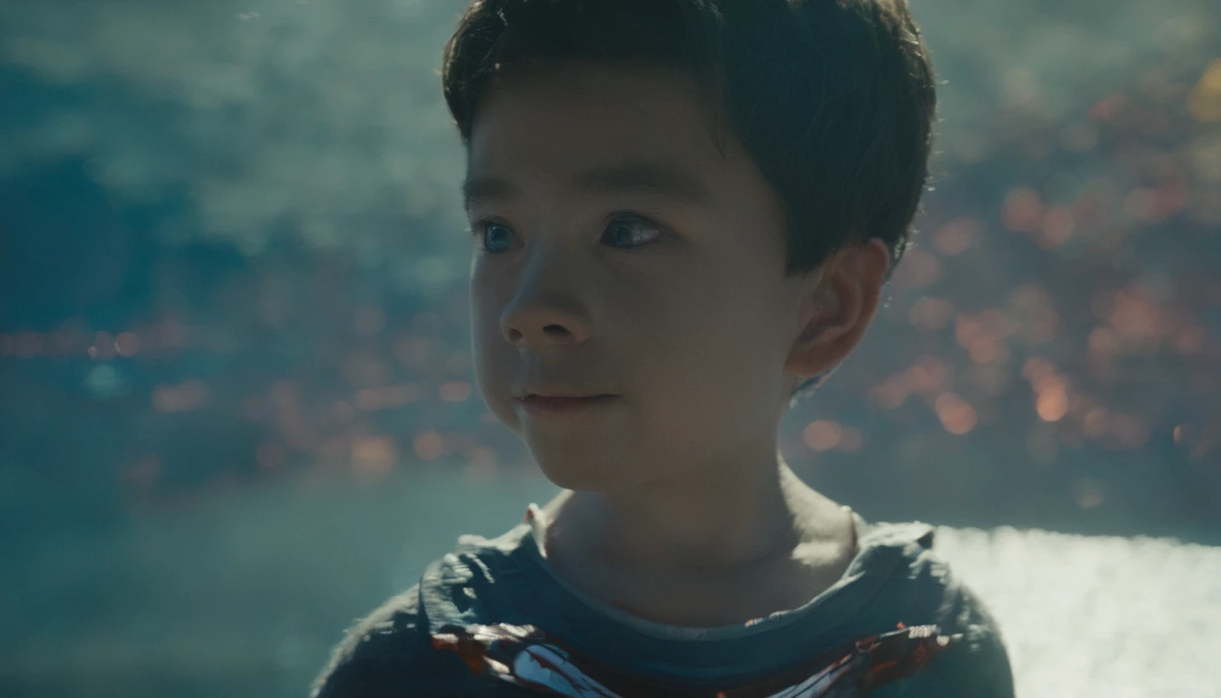 The image was taken with a high-resolution camera,Close-up of the boy's face,Displays the details of the scene。The color palette is dominated by blue and white,Create a harmonious and peaceful atmosphere。The composition follows the rule of thirds,in the early morning,The boy stood by the babbling stream,There are faint water waves,Clear。The boy looks at the camera on the left side of the frame,Smiling,teeth showing,There is plenty of room to breathe in streams and in the sky。The camera angle is slightly tilted,Add dynamic elements to a static scene。The golden glow is soft and diffuse,Soft shadows cast on the man's face。The boy's eyes were clear and bright, The overall style is reminiscent of Impressionism,loose strokes,It has a fantastic texture。