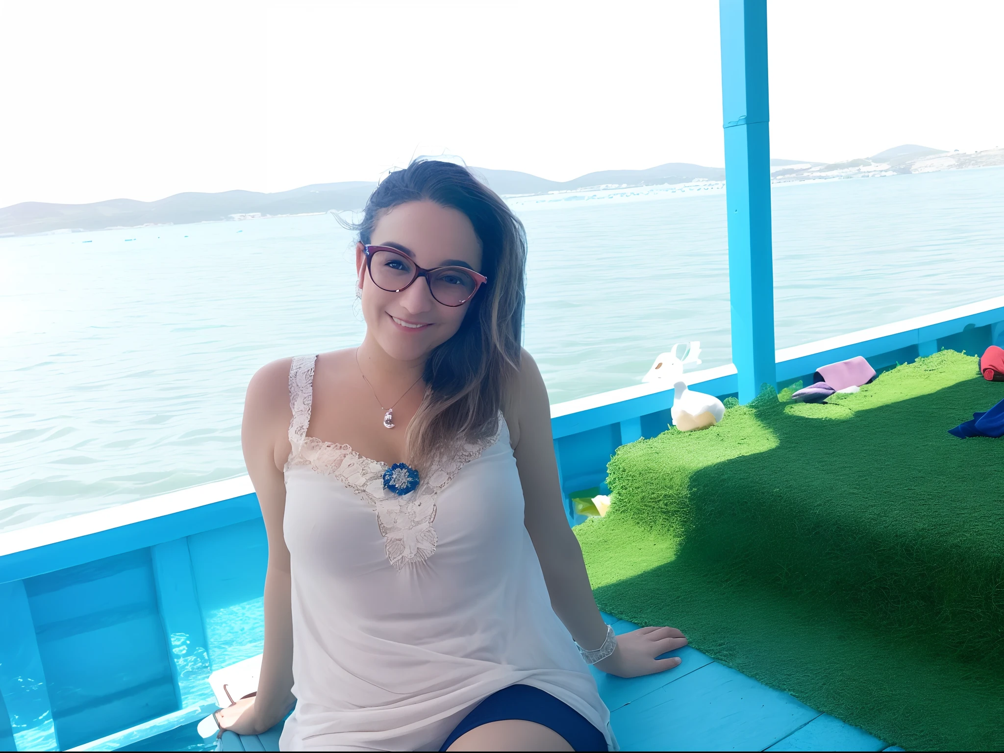 Woman sitting on a bench in front of a body of water, em um barco em um lago, em um barco, no lago, no mar, Lago ao fundo, em um lago, no mar, sentado em frente a um lago, na empresa pamukkale, em um lago, O mar ao fundo, on the ocean water, mar ao fundo