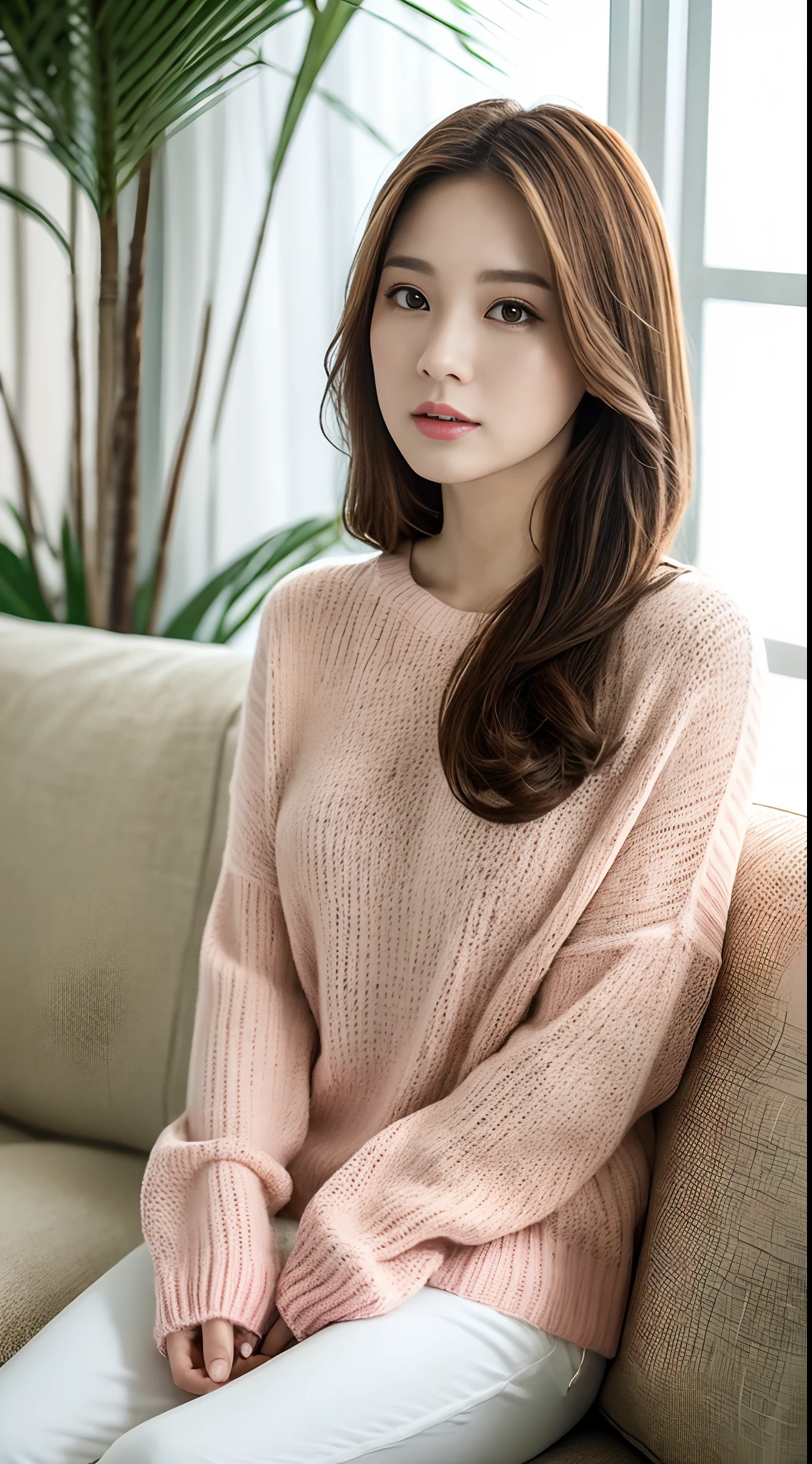 Cinematic photo, beauty 1 person: 1.2, pale pink sweater, white pants, brown hair long, ultra detailed face, sitting on white sofa, background: sea resort