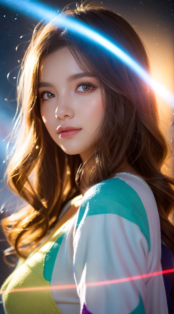 (realistic) A girl in cloud universe with shining stars and galaxy, wearing a (clean and elegant) dress, surrounded by (vibrant and colorful), light particles surround, heaven opens into the swirls of galaxy. Full body and showing legs, Her (beautiful detailed) eyes and (beautiful detailed) lips. The dress is made of a light material. The girl's hair flows down in (loose and natural) curls, adding to her (gentle and carefree) appearance. She is holding a glowing orb that has swirls of colors. The overall image is of (best quality, highres) with (ultra-detailed) textures and (realistic) colors. The color palette dreamy and ethereal atmosphere. The lighting is soft, casting subtle shadows. 8k cinematic, volumetric lighting, golden ratio