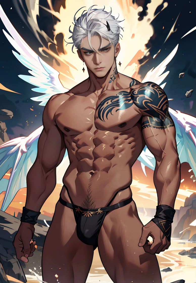 In the bright galaxy，The boy has a pair of crystal dragon horns，There is a pair of crystal dragon wings growing on its back，，Delicate and lubricated skin，Jewel-colored tattoos，Silver hair，Hot age flesh, A meticulous face，Handsome face，18 year old young beautiful man，Handsome guy，Muscle Junior，Tall figure，Eight-pack abs，Broad pectoral muscles，Bare thighs，，Only thongs were worn，No other clothing，Only thongs were worn，low waist thong，Sexy thongs，Men's tong，Narrow tong，Clench your fists，The expression is fierce，The eyes are fierce，Launch an attack，fistfight，fights，Fight，Initiate a battle