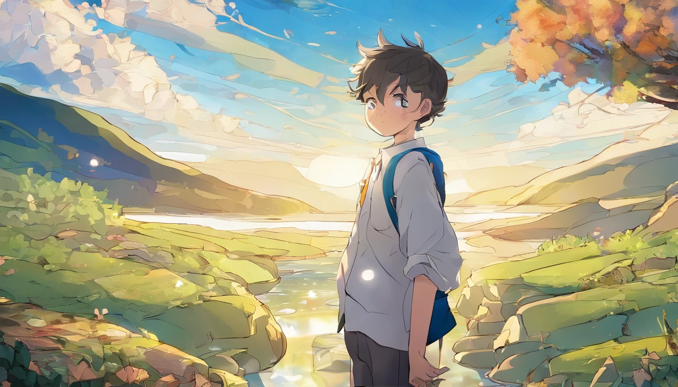 The image was taken with a high-resolution camera,Close-up of the boy's face,Displays the details of the scene。The color palette is dominated by blue and white,Create a harmonious and peaceful atmosphere。The composition follows the rule of thirds,in the early morning,The boy stood by the babbling stream,There are faint water waves,Clear。The boy looks at the camera on the left side of the frame,Smiling,teeth showing,There is plenty of room to breathe in the stream and in the sky。The camera angle is slightly tilted,Add dynamic elements to a static scene。The golden glow is soft and long,Soft shadows cast on the man's face。The boy's eyes were clear and bright, The overall style is reminiscent of Impressionism,loose strokes,It has a fantastic texture。