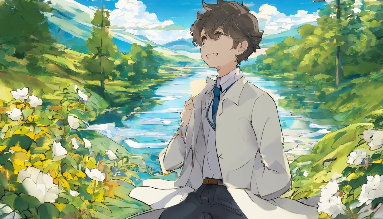 The image was taken with a high-resolution camera,Close-up of the boy's face,Displays the details of the scene。The color palette is dominated by blue and white,Create a harmonious and peaceful atmosphere。The composition follows the rule of thirds,in the early morning,The boy stood by the babbling stream,There are faint water waves,Clear。The boy looks at the camera on the left side of the frame,Smiling,teeth showing,There is plenty of room to breathe in the stream and in the sky。The camera angle is slightly tilted,Add dynamic elements to a static scene。The golden glow is soft and long,Soft shadows cast on the man's face。The boy's eyes were clear and bright, The overall style is reminiscent of Impressionism,loose strokes,It has a fantastic texture。