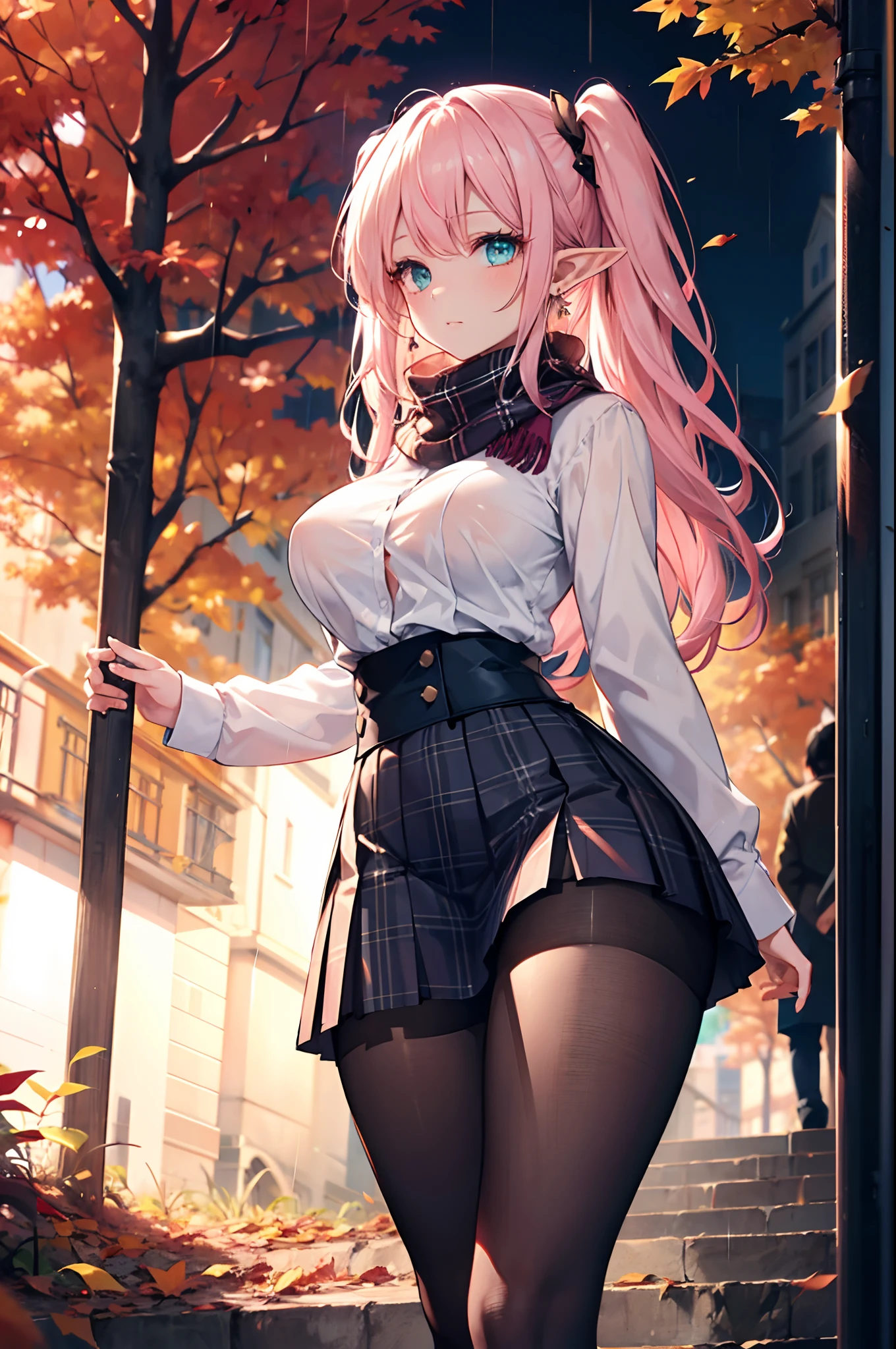 Realistic and detailed image of an elf. with scarf. a long shirt and plaid pleated mini-skirt. stockings to mid-thigh. Unusually shiny long silky light pink hair styled in pigtails. bright turquoise eyes. She has earrings and long eyelashes. Large breasts, slim waist, very wide hips and thick thighs. Back arched. walking sensually. Autumn. falling leaves. rainy day. park. Volumetric light. Ambient light.