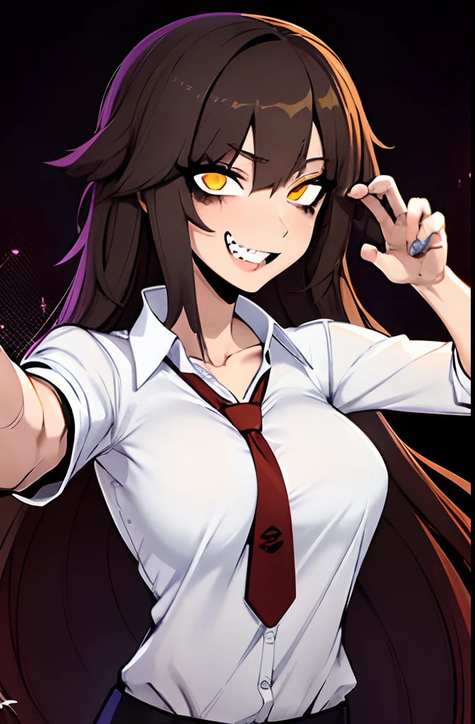 jk, 2d art, 2d render, splash art, illustration, digital art, hard shading, 1girl, bangs, brown hair, glowing, glowing eye, gradient background, looking at viewer, necktie, red background, ringed eyes, shaded face, shirt, smile, solo, teeth, upper body, upper teeth only, white shirt, yellow eyes, incredibly absurdres, best quality