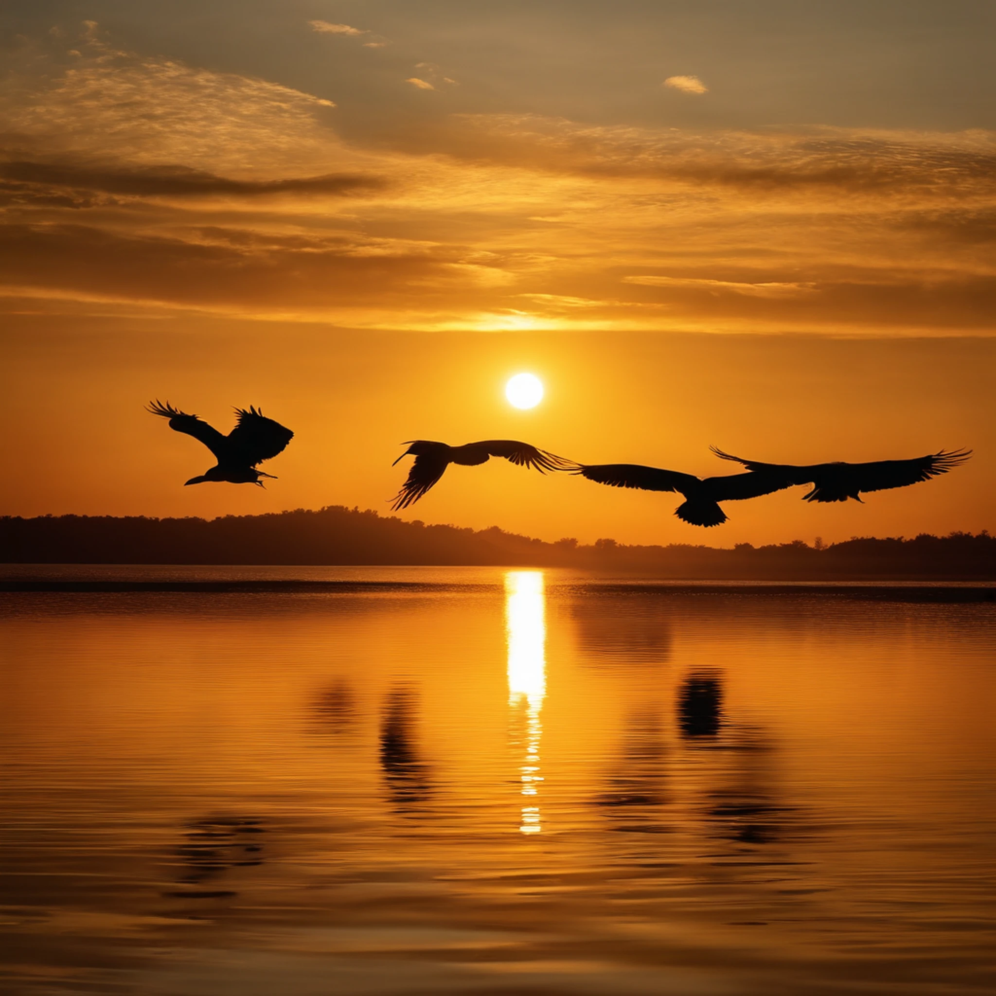 k hd,The sunset and the lonely birds fly together,The autumn water is the same for a long time,Soft gold tones depict the horizon of water and sky,IMAGE IN 2560X1440 PIXEL FORMAT