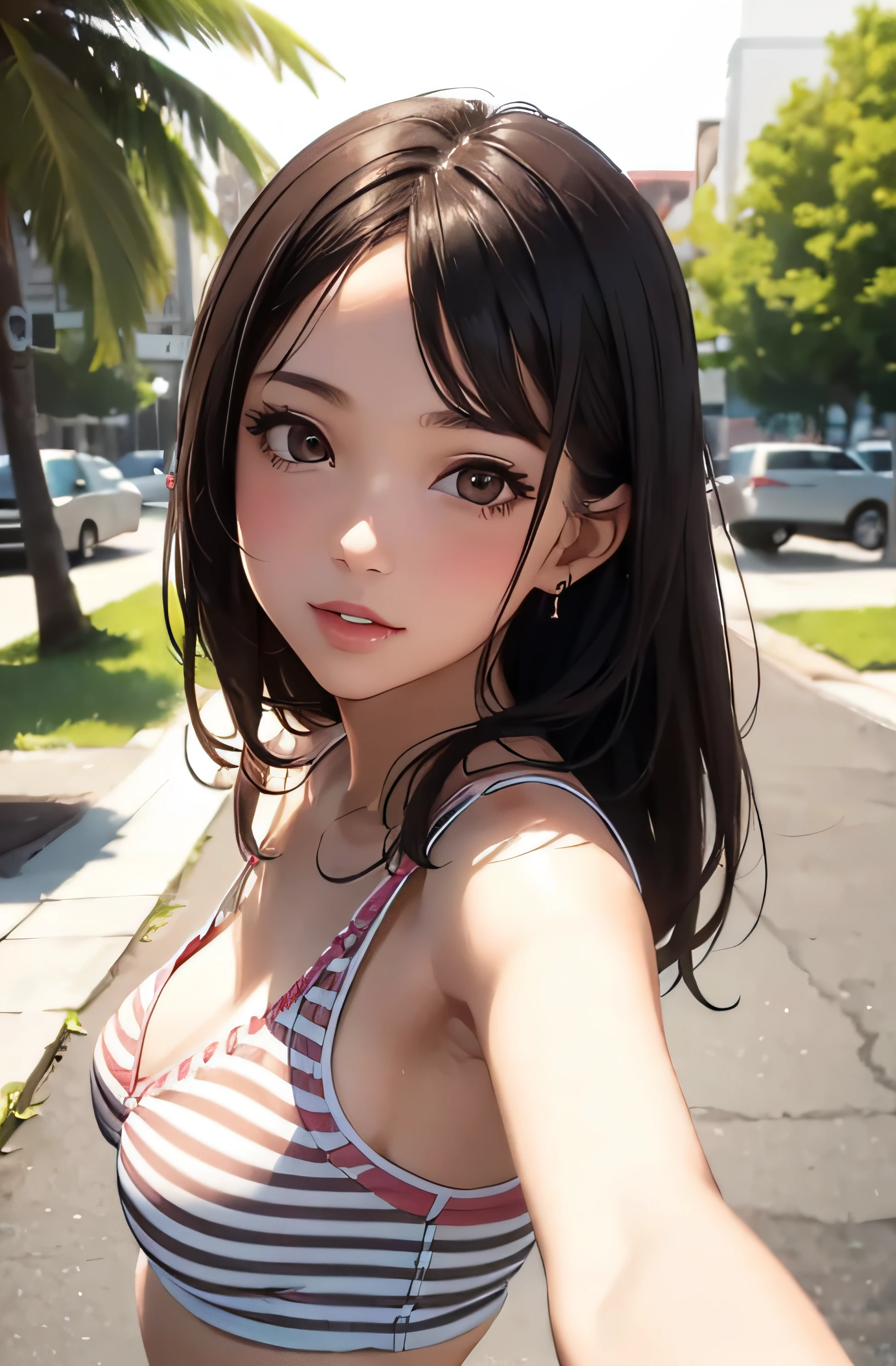 girl in summer clothes, top shot,((selfie)), brown eyes, random background, kiss, beautiful, medium breasts, flirtatious look, ((very detailed)), (perfectly detailed face), (well detailed hand), photorealistic image.