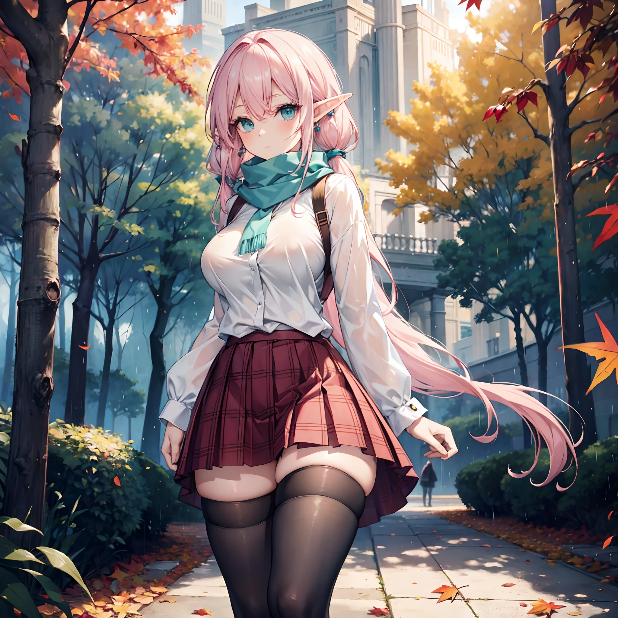 Realistic and detailed image of an elf. with scarf. a long shirt and plaid pleated mini-skirt. stockings to mid-thigh. Unusually shiny long silky light pink hair styled in pigtails. bright turquoise eyes. She has earrings and long eyelashes. Large breasts, slim waist, very wide hips and thick thighs. Back arched. walking sensually. Autumn. falling leaves. rainy day. park. Volumetric light. Ambient light.