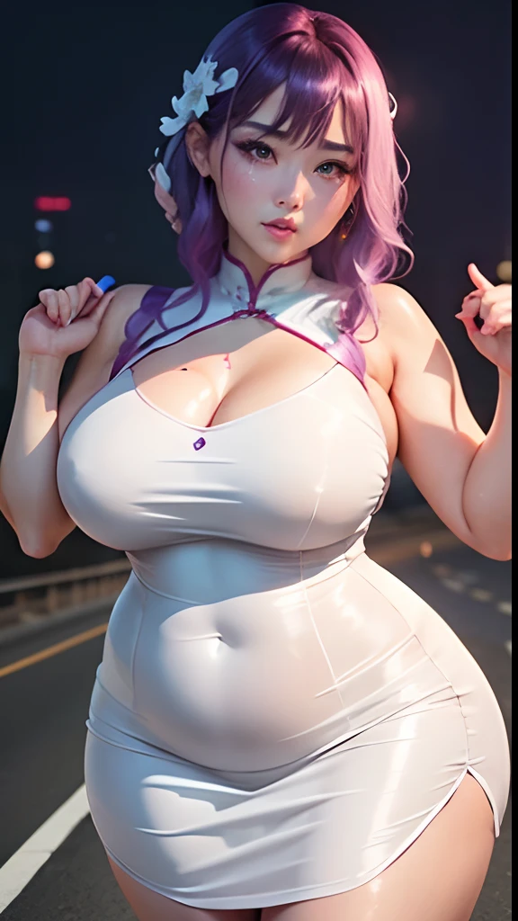 Chinese Idol A MILF ((shiny plump lips)) Purple hair ((Looking at the camera)) ((Enamel White Body Con Dress)) Highway at night Night view of Beijing Duck mouth Glossy skin wet with sweat close up of face Teary-eyed Moist eyes