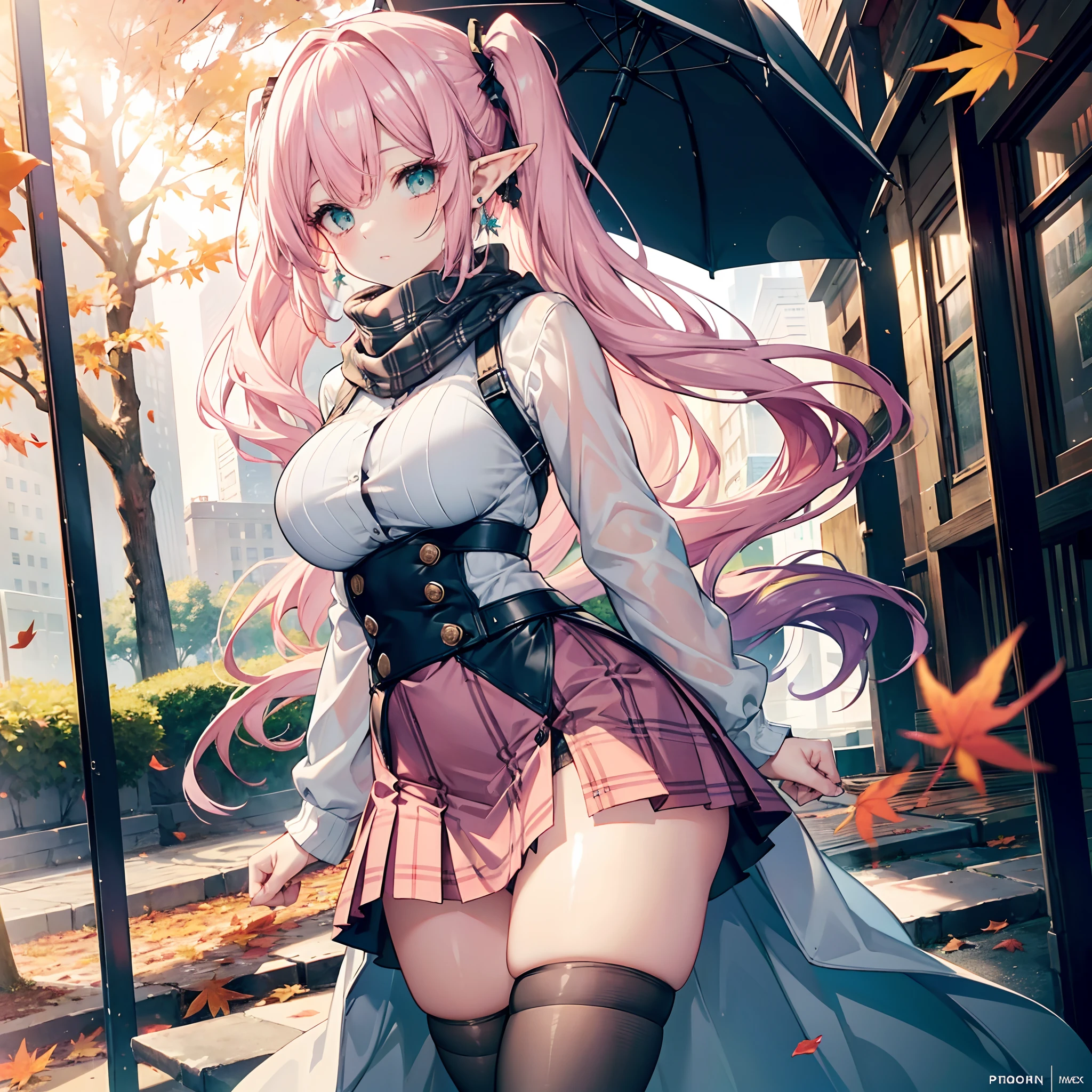 Realistic and detailed image of an elf. with scarf. a long shirt and plaid pleated mini-skirt. stockings to mid-thigh. Unusually shiny long silky light pink hair styled in pigtails. bright turquoise eyes. She has earrings and long eyelashes. Large breasts, slim waist, very wide hips and thick thighs. Back arched. walking sensually. Autumn. falling leaves. rainy day. park. Volumetric light. Ambient light.
