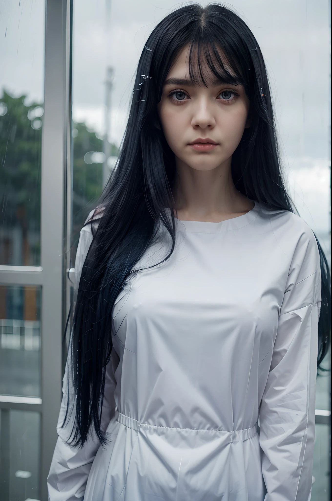 Long hair, navy hair, navy long hair, large eyes, silver eyes, deep blue hair, best quality, HD, super clear, depth of field, slender man, anime style, ultra clear, raining, gloomy weather, work suit, calm face, unhappy eyes,