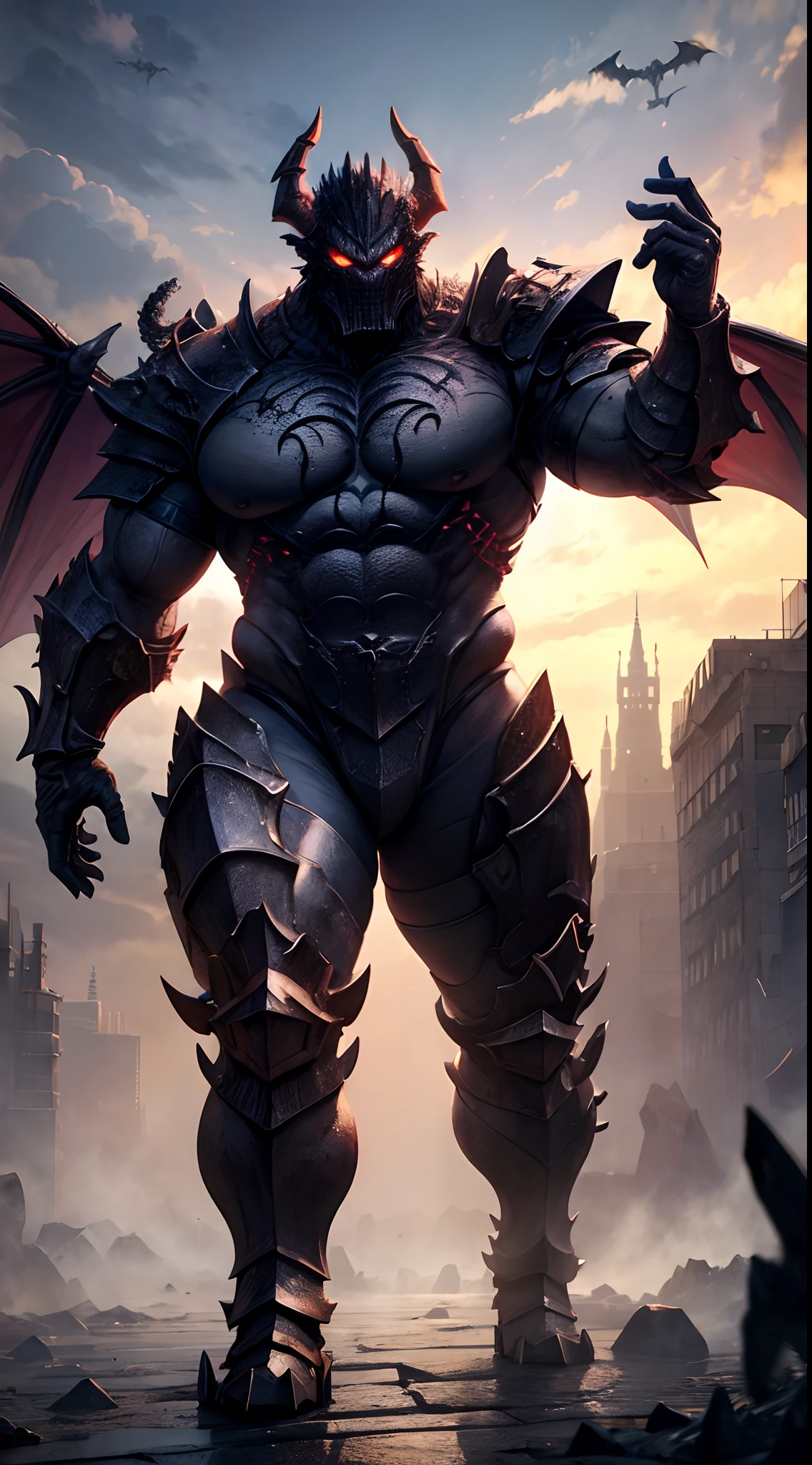 Big fat body, Demon god armor, Dark World, Dragon, Dystopia City, 3D, Realistic, HDR, Anime, HD, Background, RTX, 2K, Masterpiece.