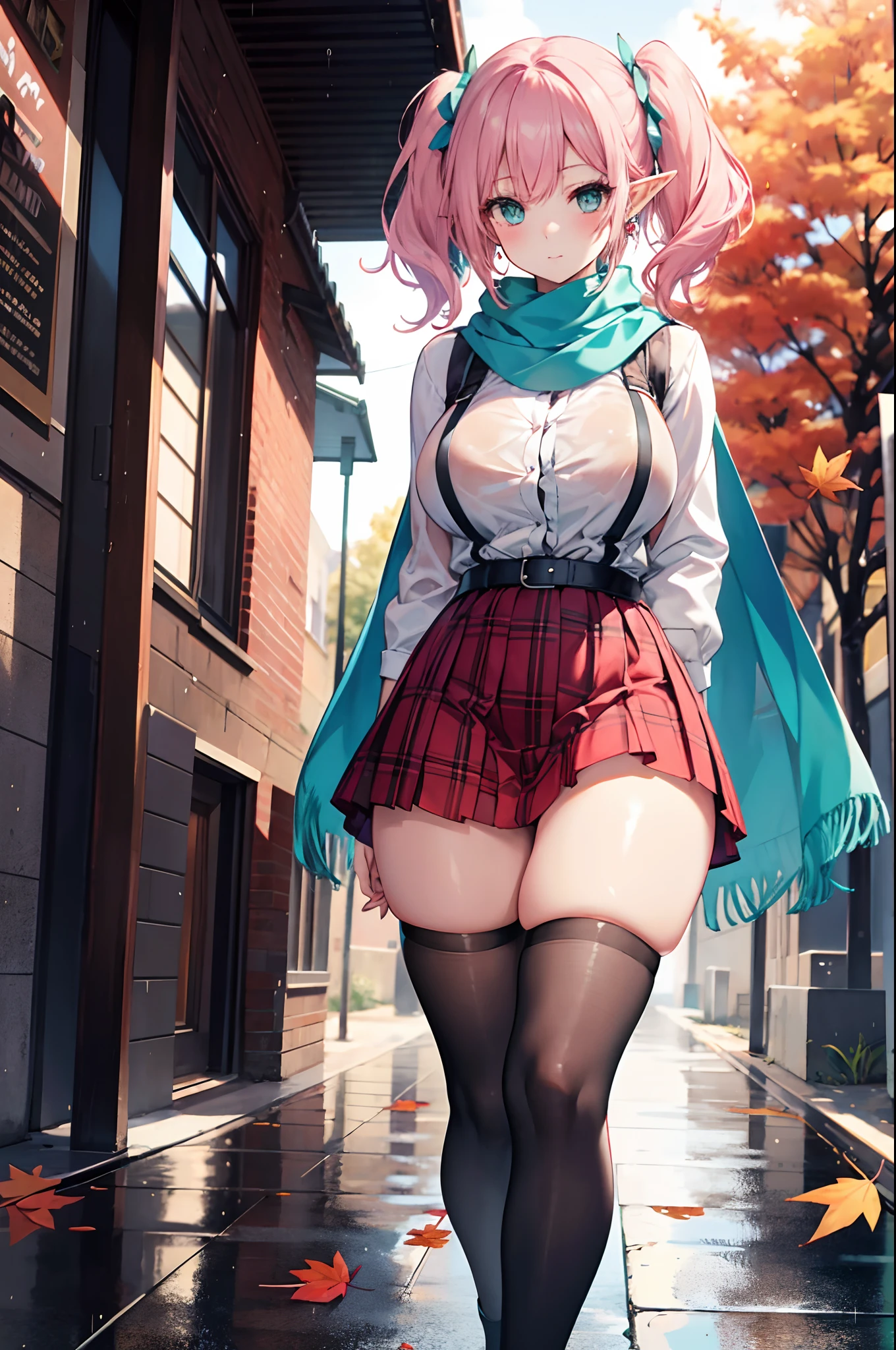Realistic and detailed image of an elf. with scarf, a plaid pleated top and miniskirt. stockings to mid-thigh. Unusually shiny long silky light pink hair styled in pigtails. bright turquoise eyes. She has earrings and long eyelashes. Large breasts, slim waist, very wide hips and thick thighs. Back arched. walking sensually. Autumn. falling leaves. rainy day. park. Volumetric light. Ambient light.