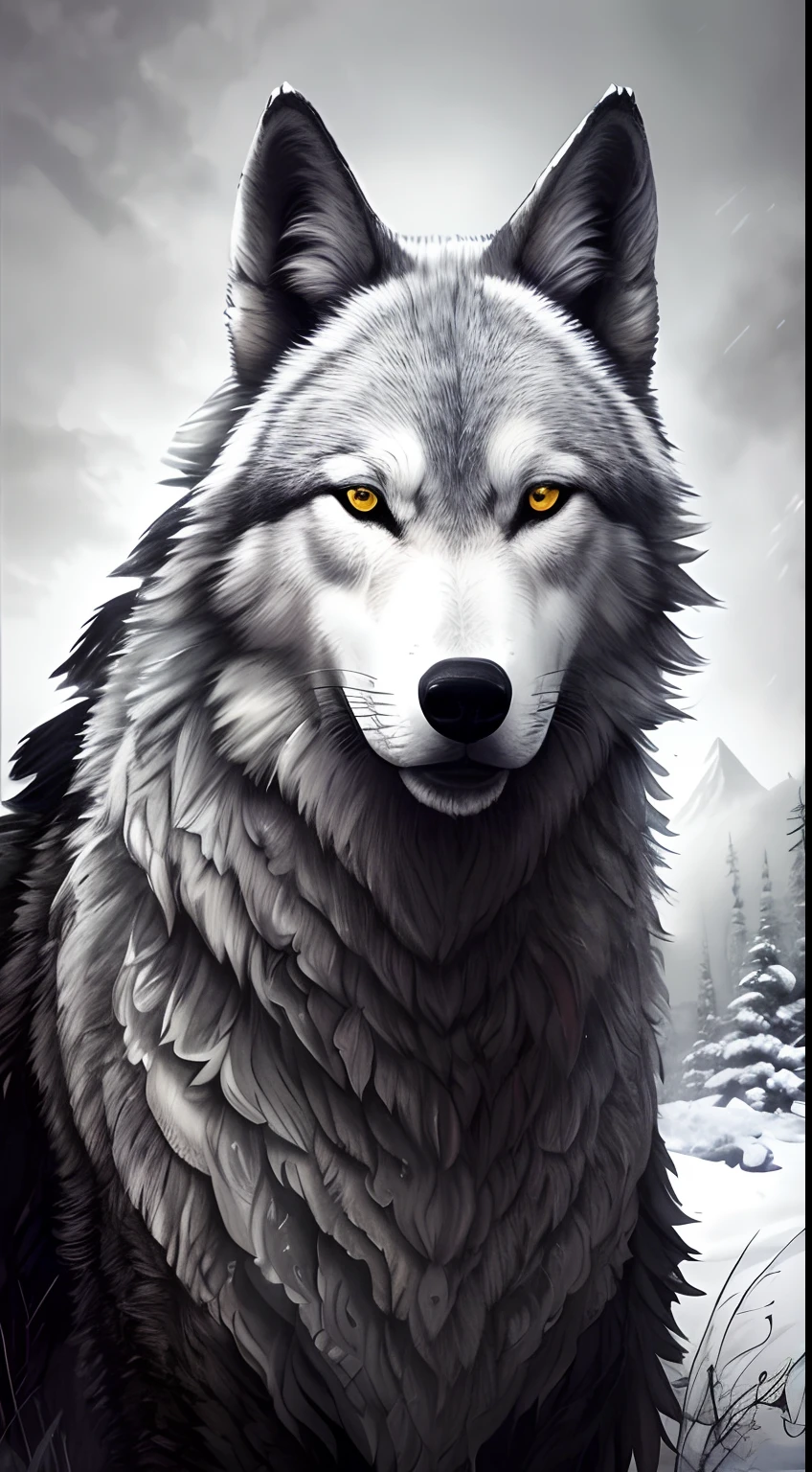 A closeup of a wolf with yellow eyes standing in the snow, grande lobo, lobo, retrato do lobo, retrato do lobo da fantasia, lobo branco, lobo peludo, alpha wolf head, Ele tem olhos de lobo amarelos, foto de lobo, lobo cinzento escuro, dire wolf, lone wolf, lobo hiper detalhado - como o rosto, Retrato de um lobo, wolf head, um lobo branco