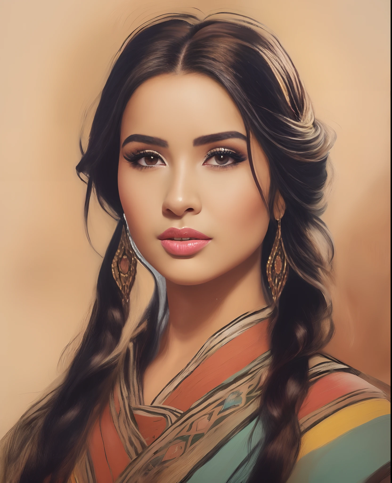 um close up de uma mulher com cabelos longos usando um vestido colorido, pintura de personagem bonita, pintura realista da mulher espanhola, pintura de bonito, pintura digital bonita, lindo pintura digital, Princesa Libu antiga, pintura realista da menina bonito, Retrato de Demi Rose, pintura digital impressionante, pintura digital elegante, retrato bonito detalhado, Retrato da princesa asteca, beleza tradicional, Mulher mexicana bonita