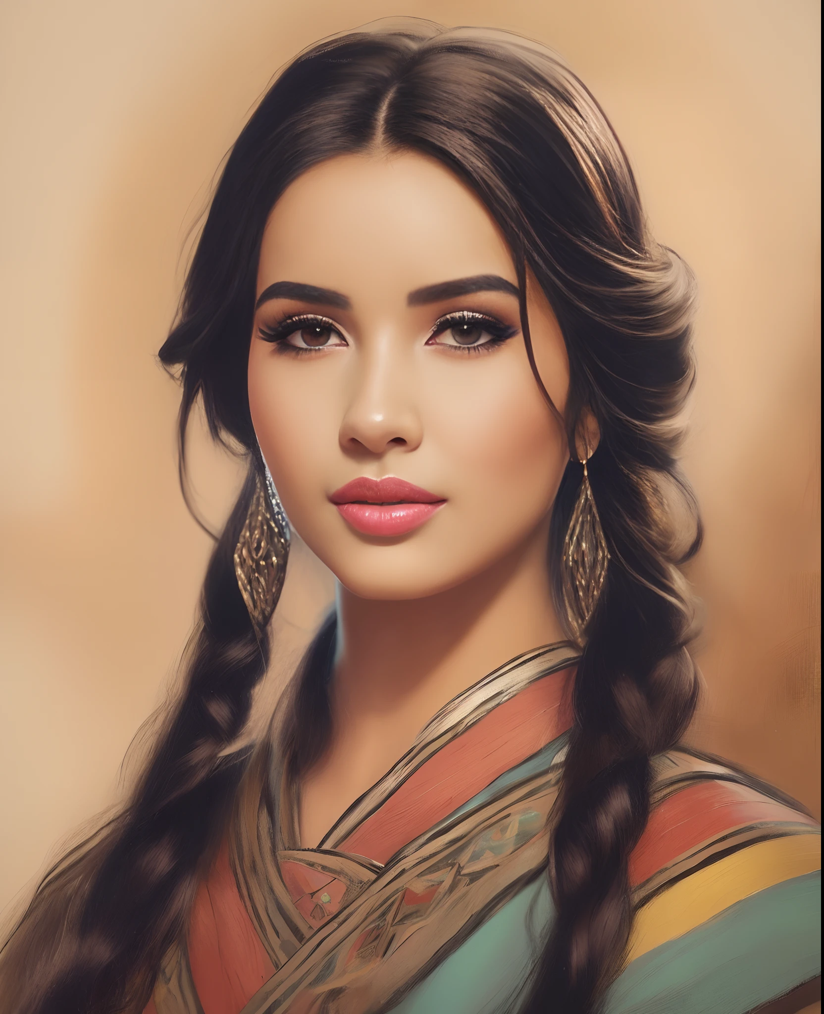 um close up de uma mulher com cabelos longos usando um vestido colorido, pintura de personagem bonita, pintura realista da mulher espanhola, pintura de bonito, pintura digital bonita, lindo pintura digital, Princesa Libu antiga, pintura realista da bonito, Retrato de Demi Rose, pintura digital impressionante, pintura digital elegante, retrato bonito detalhado, Retrato da princesa asteca, beleza tradicional, Mulher mexicana bonita