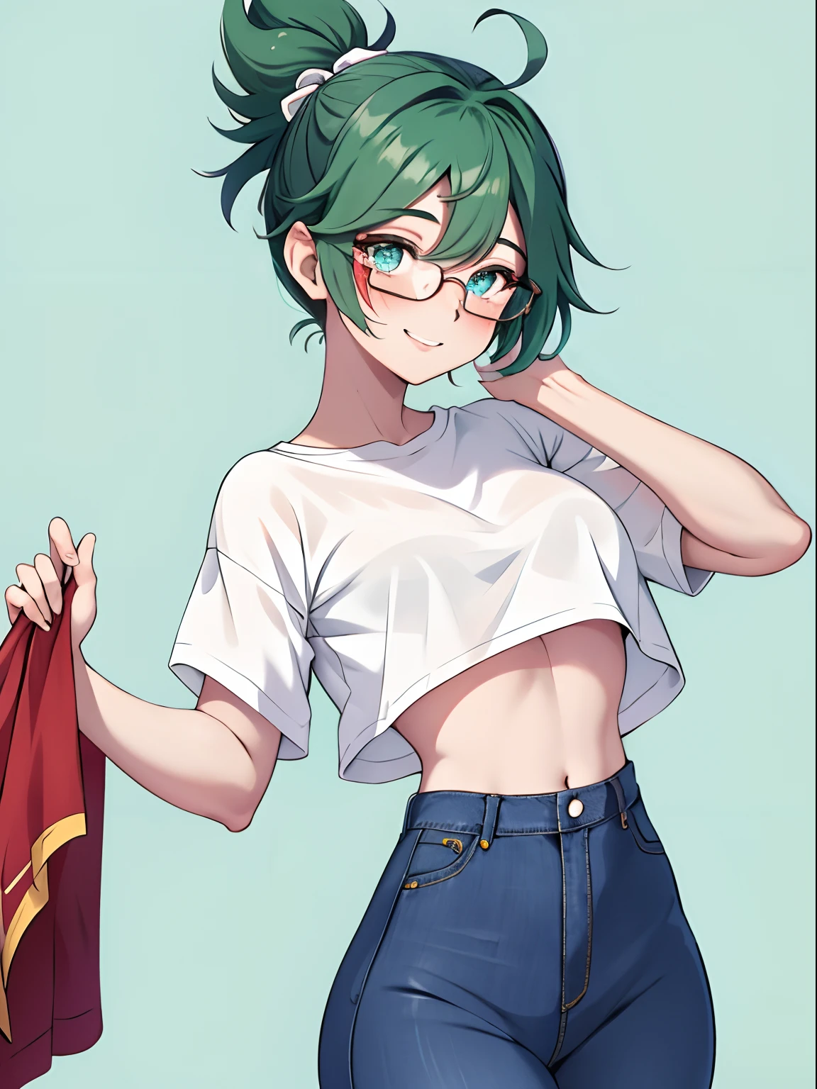 master part, best quality, 1girl, sozinho, 23 anos, adulto, Cabelos marejados e verdes, messy hair, asymmetrical hair, Ahoge, cabelos muito curtos, aqua eyes, medium breasts,  Tonificado, 167 centimeters, pale skin, glasses, sorriso, camisa verde oliva, jeans, Espreita Midriff,