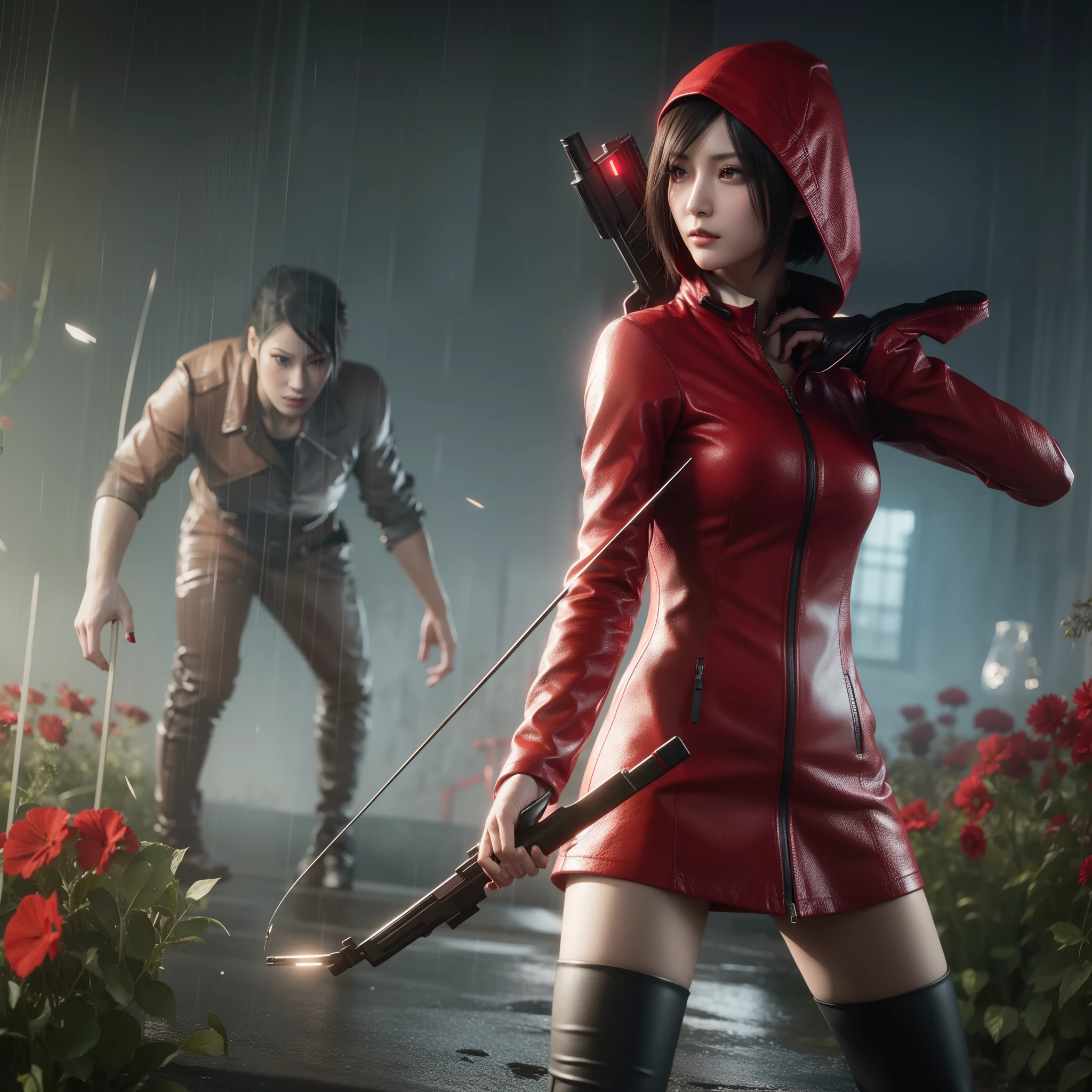 HD, ada wong, beautiful face, bob hair, red coat with black nail polish,  glare, holding a gun