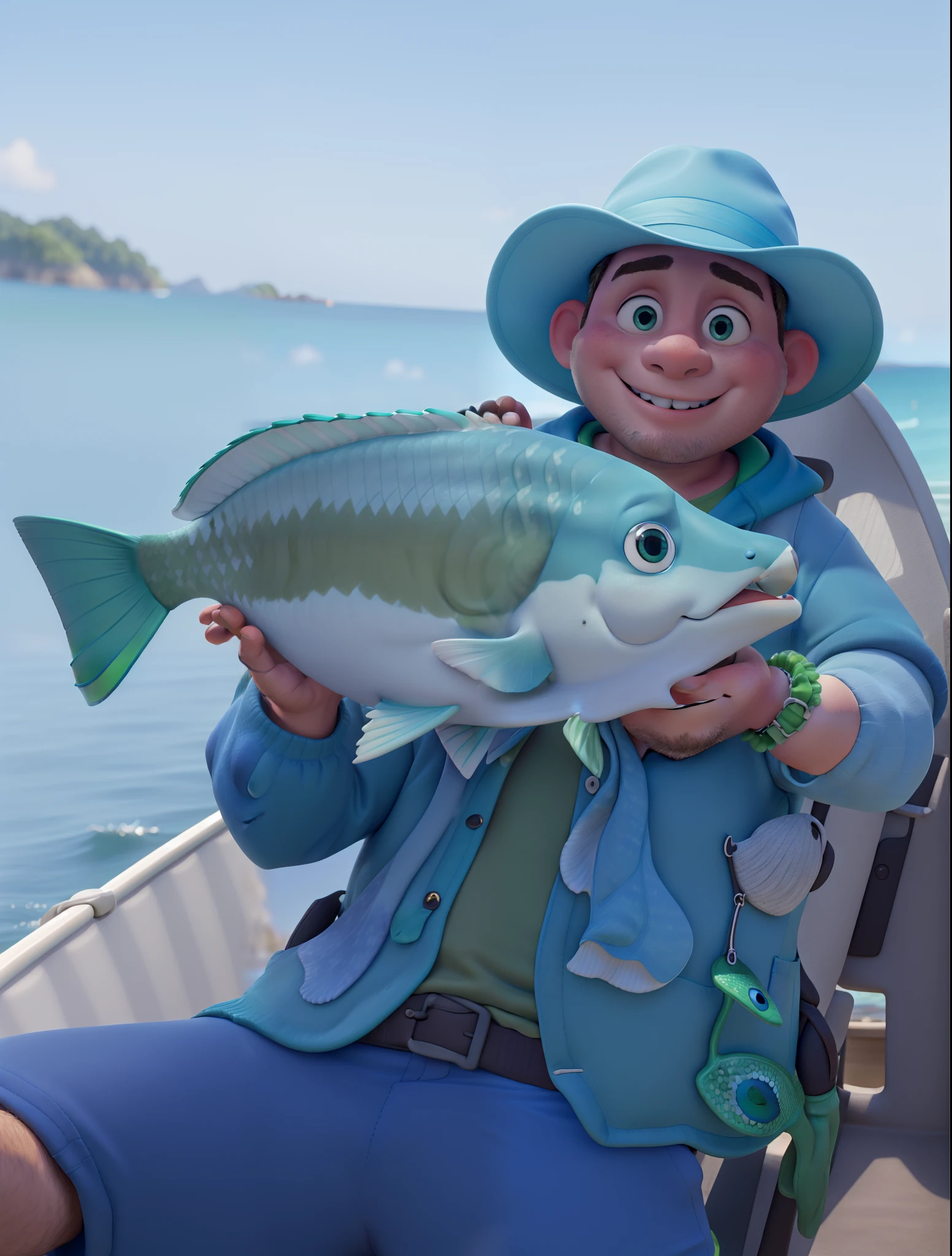 Chubby white man in life jacket mixed with peacock bass fish in hand with green hat blue shorts on boat in the sea smiling blue sky
