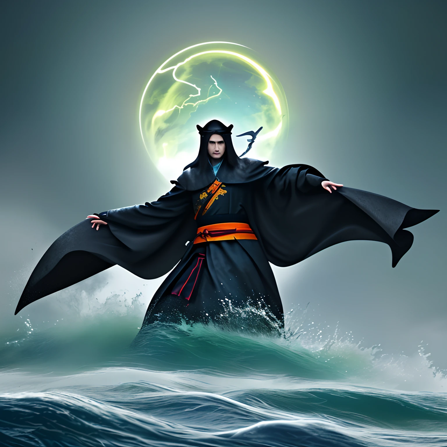 Dragon turtle（Heavy tortoiseshell shell，faucet，The long tail of the snake），tosen，Huge waves，China-style，oc rendered，super-fine，Hyper-realistic，Ultra photo realsisim，high qulity，8K high resolution，ultra - detailed ，Below the Great Valley stood a long-haired, black-robed mage surrounded by thunder and lightning，4k