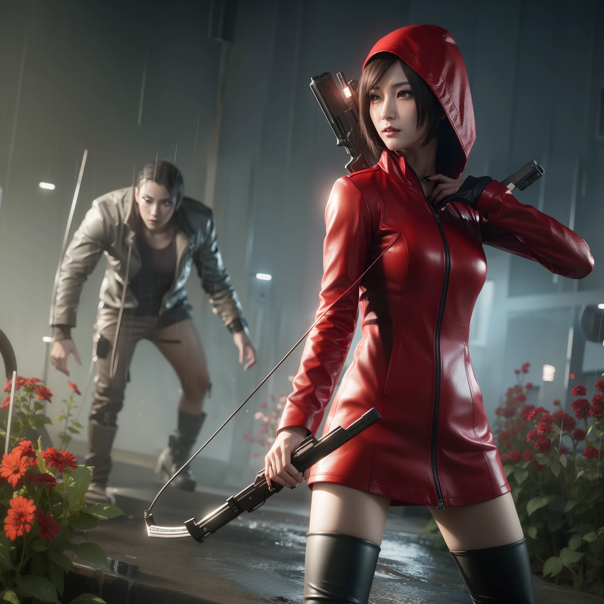 HD, ada wong, beautiful face, bob hair, red coat with black nail polish, glare, holding a gun