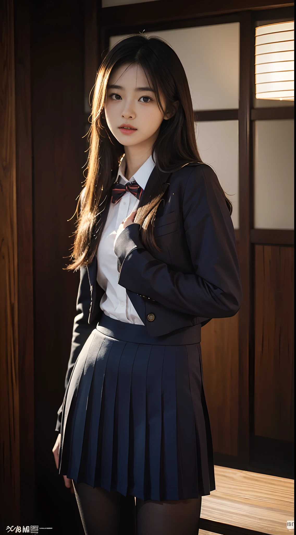 ulzang-6500-v1.1, (RAW photo:1.2), (Photorealistic:1.4), Beautiful detailed girl, Very detailed eyes and face, Beautiful detailed eyes, ridiculous, Incredibly Ridiculous res, hugefilesize, Super detailed, high resolution, Very detailed, Best quality, Masterpiece, kemomimi, ((Japanes girl' high school uniform)), illustration, Very detailed, CG, unified, 8K wallpaper, Amazing, Fine details, Masterpiece, Best quality, Very detailed CG uniform 8k wallpaper, light in face, Cinematic lighting, 1girll, 16 yaers old, (()), ((Dynamic pose))), (Half), (Pantyhose))