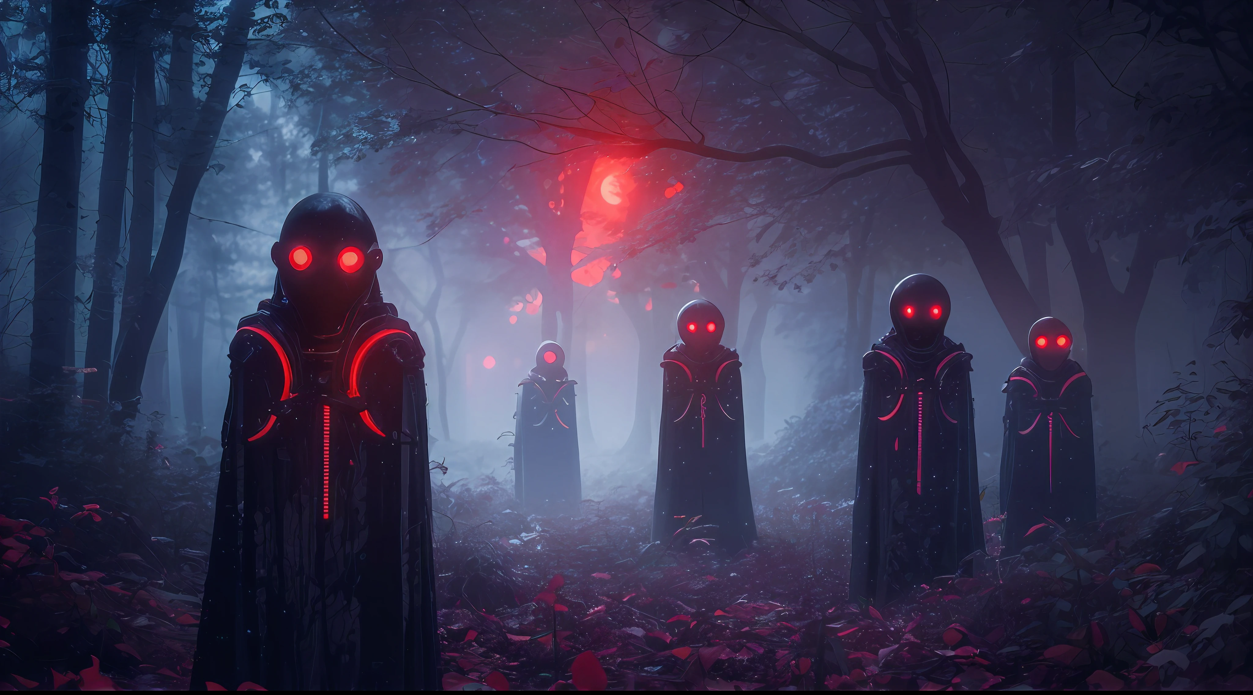 rare dark figures in the night, deep in the forest, many of them, they looks like aliens, they are watching me with their red eyes, fog forest, red eyes, very dark scene, intricate scene, mysterious scene, horror feeling, Science fiction, scifi, 8k, hdr,