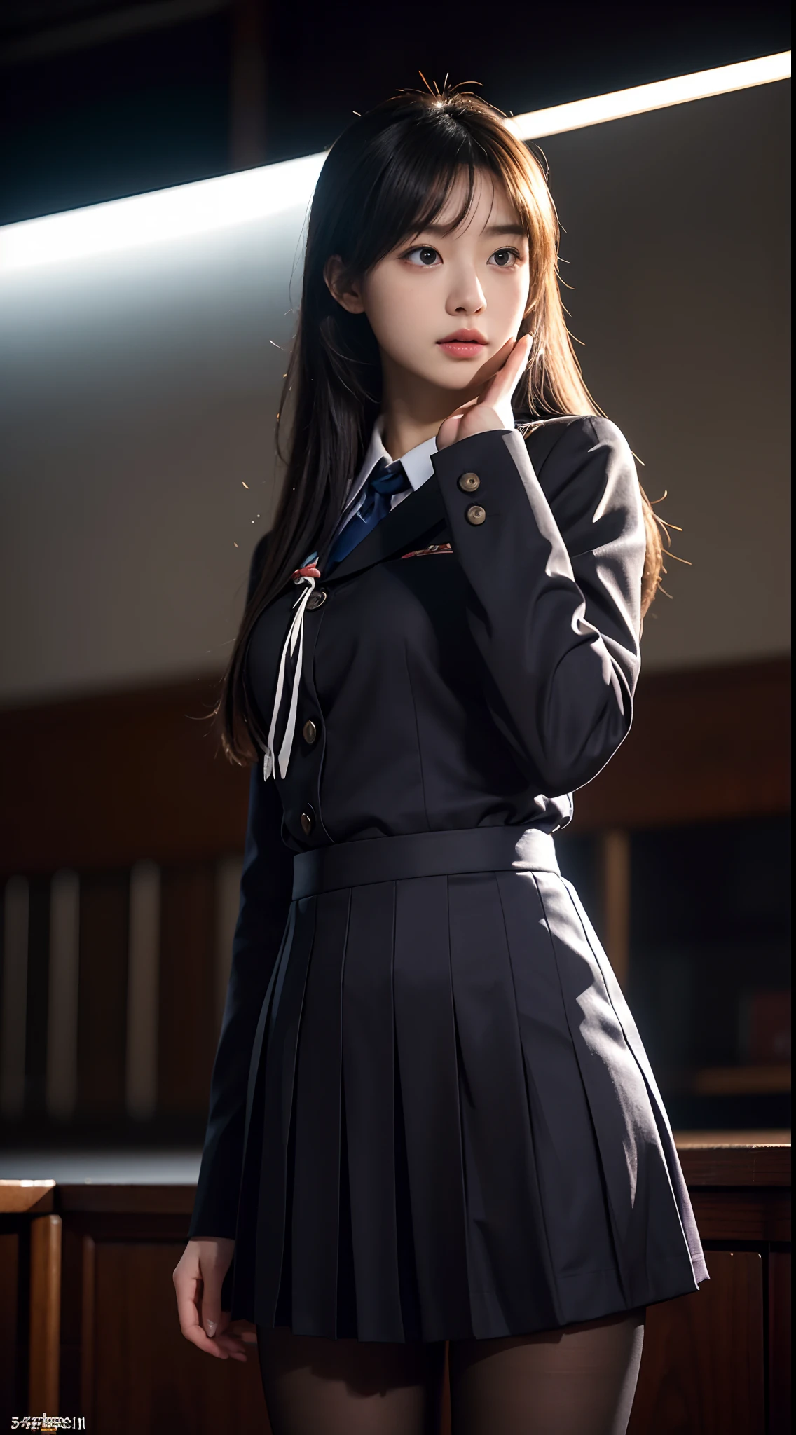 ulzang-6500-v1.1, (RAW photo:1.2), (Photorealistic:1.4), Beautiful detailed girl, Very detailed eyes and face, Beautiful detailed eyes, ridiculous, Incredibly Ridiculous res, hugefilesize, Super detailed, high resolution, Very detailed, Best quality, Masterpiece, kemomimi, ((Japanes girl' high school uniform)), illustration, Very detailed, CG, unified, 8K wallpaper, Amazing, Fine details, Masterpiece, Best quality, Very detailed CG uniform 8k wallpaper, light in face, Cinematic lighting, 1girll, old, (()), ((Dynamic pose))), (Half), (Pantyhose))