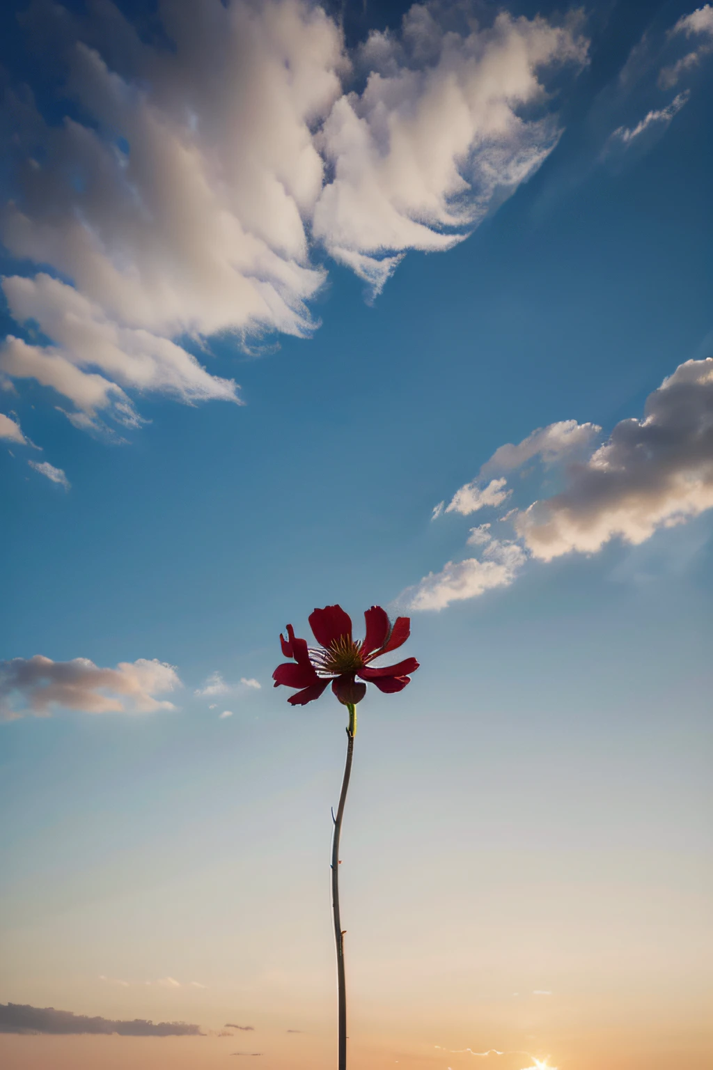 one flower , under evening sky, beautiful,minimalist wind blowing, hd,real, clean background