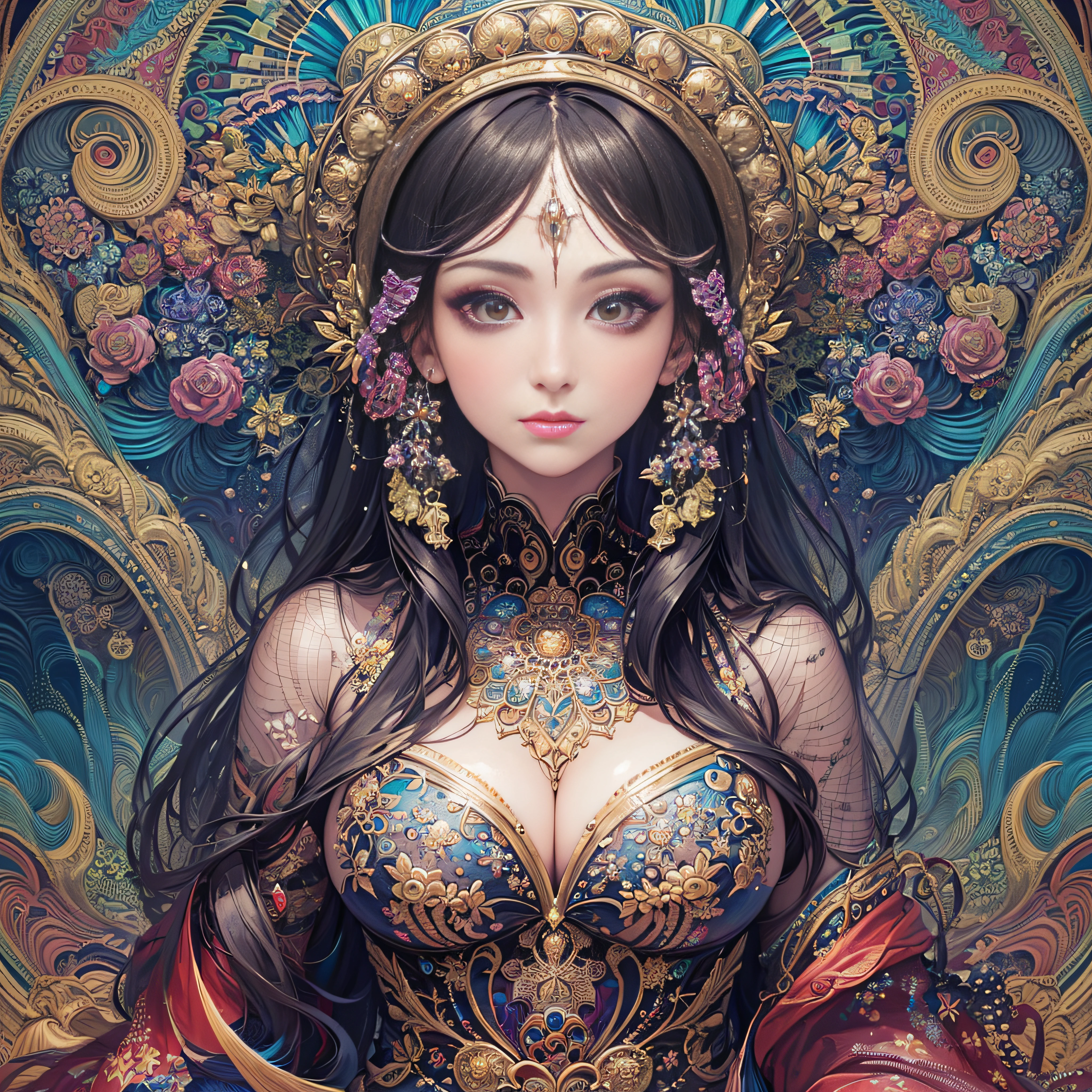 (masterpiece, top quality, best quality, official art, beautiful and aesthetic:1.2), (1girl:1.3), extremely detailed,(fractal art:1.2),colorful,highest detailed,(zentangle:1.2), (dynamic pose), (abstract background:1.5), (treditional dress:1.2), (shiny skin), (many colors:1.4), upper body