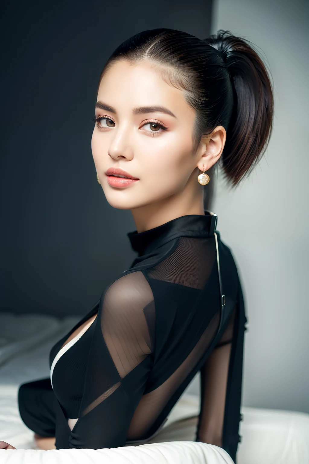 best qualtiy,tmasterpiece,超高分辨率,(fidelity:1.4),RAW photogr,1girl,detailed face, short pony tail, long leges,high-heels.