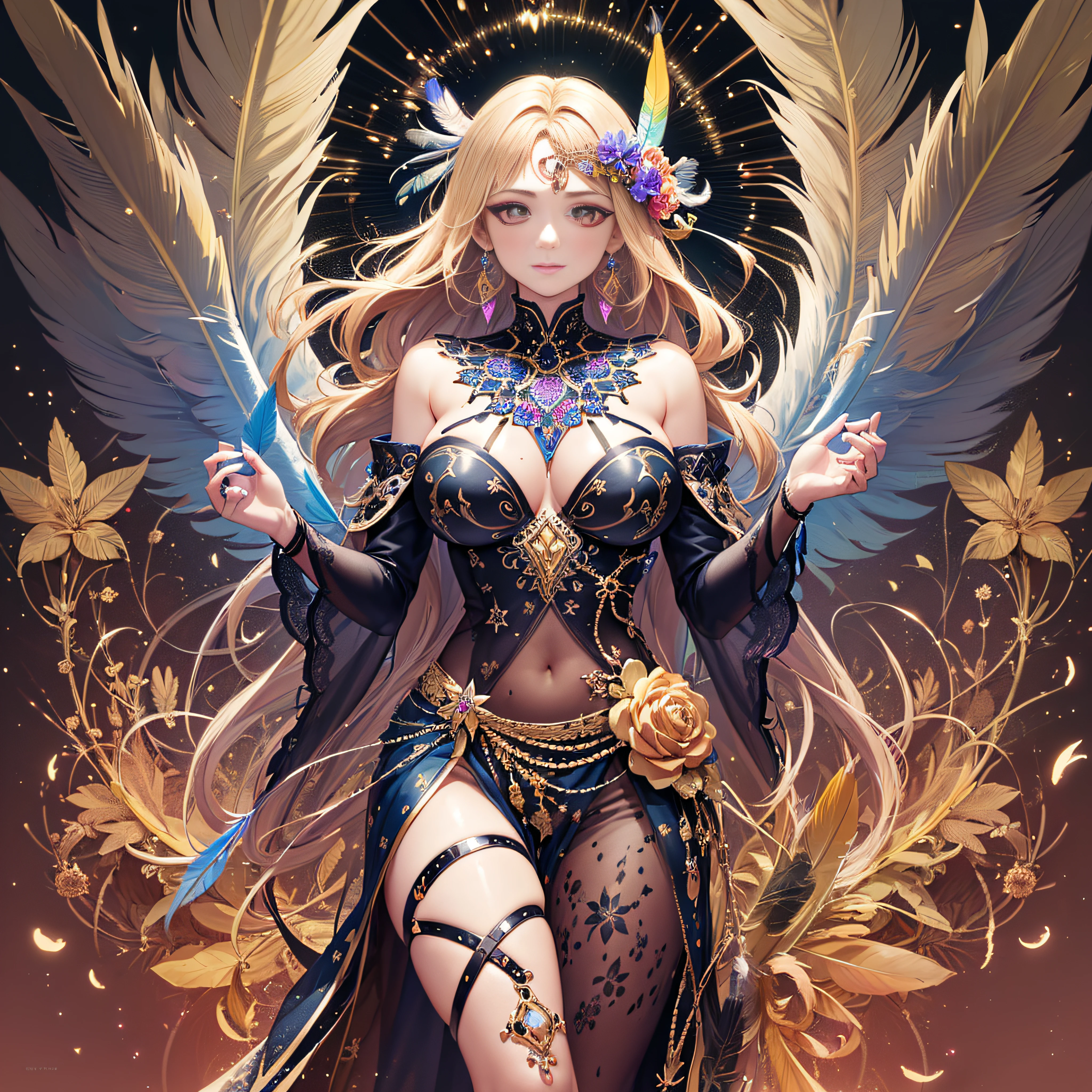 girl with, Big breasts, Bare shoulders, Blonde hair, colorful feather, metal ornaments, Colorful flowers, Particle, light, (masutepiece, of the highest quality, Best Quality, Official art, Beautiful and aesthetic:1.2), (1girl in:1.3), Extremely detailed, (Fractal Art:1.1), ( Colorful:1.1)(Flowers:1.3),highest details,(Zentangle:1.2), (Dynamic Pose), (Abstract background:1.3), (Shiny skin), (Many colors:1.4), (earrings:1.4), (Feathers:1.4), Full body image