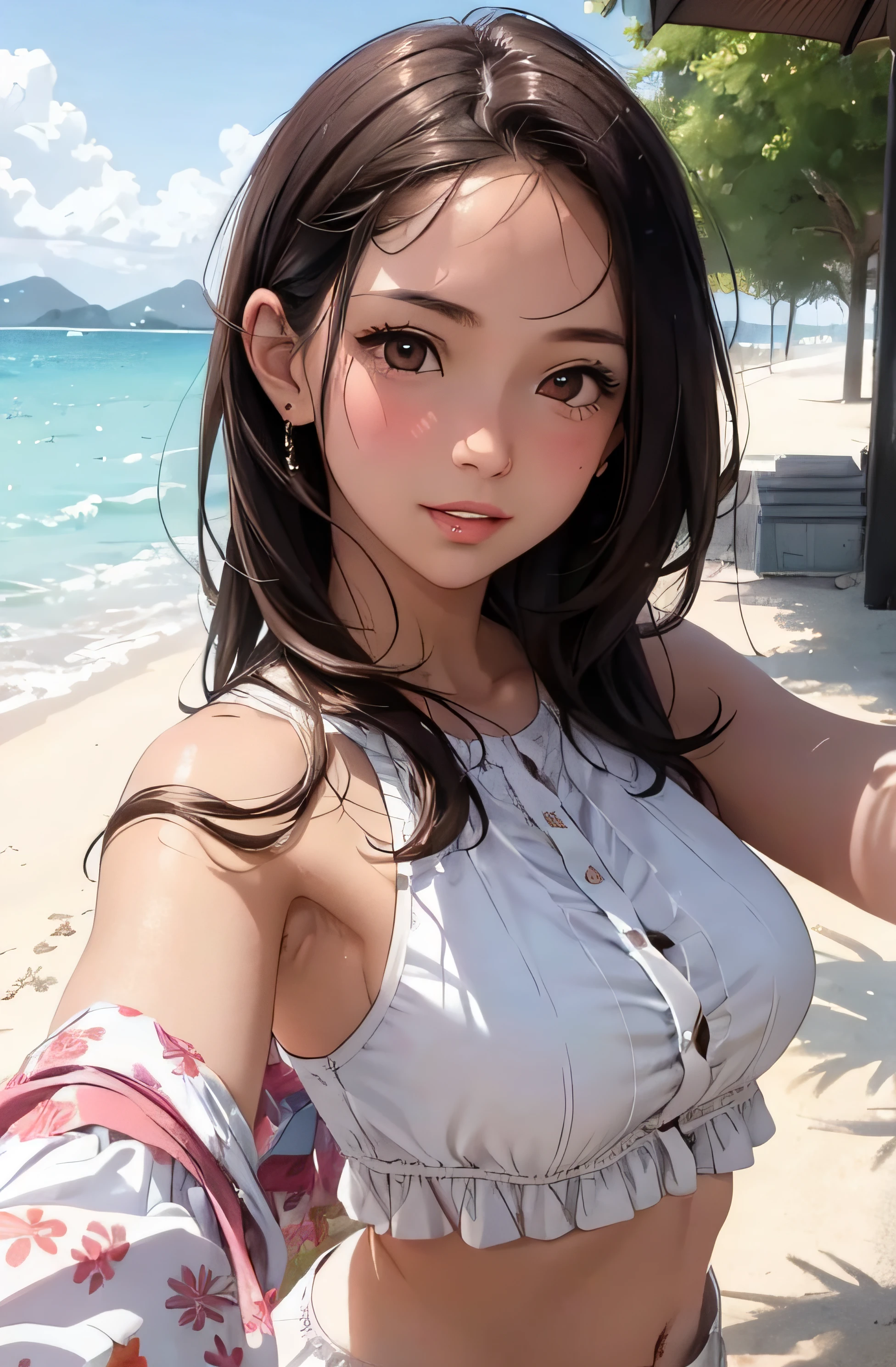 realisticlying、Real adult women、A slightly larger sea accentuates the sunset、Smile sexily、Cleavage emphasis、Face Real、Bikini Wearing、faces、Chest zoom