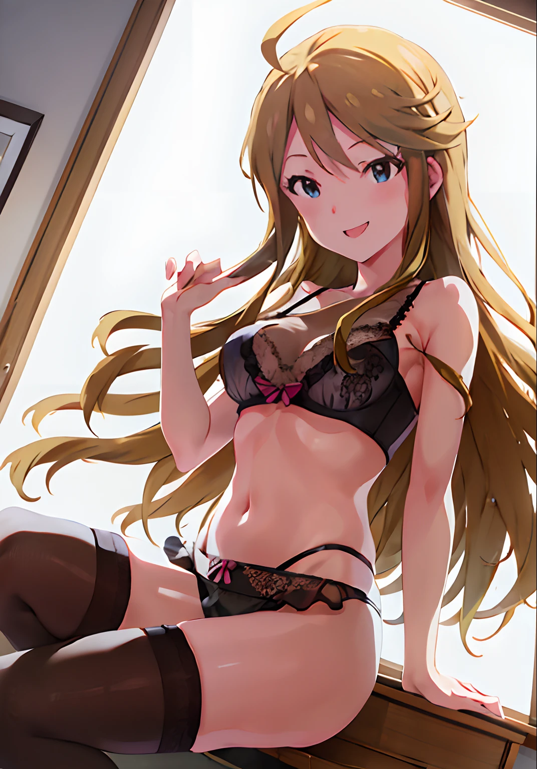 megumi tokoro (million live), (best quality, 8K, masterpiece, ultra detailed:1.2)
afternoon, indoors, backlighting, cinematic lighting,
1girl, solo, seductive smile, light smile, cute, sexy, innocent, floating hair, see-through legwear, lace trim, lace panties, lace bra, striped thighhighs, garter belt,