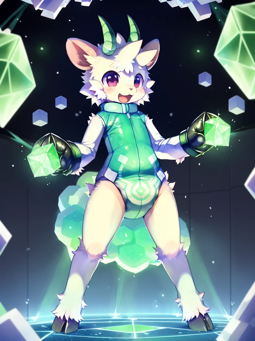 ((by wadorigi on Twitter)(Lamb)), pokemon, kid proportions, cute, adorable  , thin thighs, hooves,  upper limb hooves, light green fur, horns made of emerald, wind whirlwind spheres on surroundings, wearing soggy messy diaper leotard straitjacket, (leather cube shaped padded  fist mitts), leather wrist cuffs, standing, in laboratory