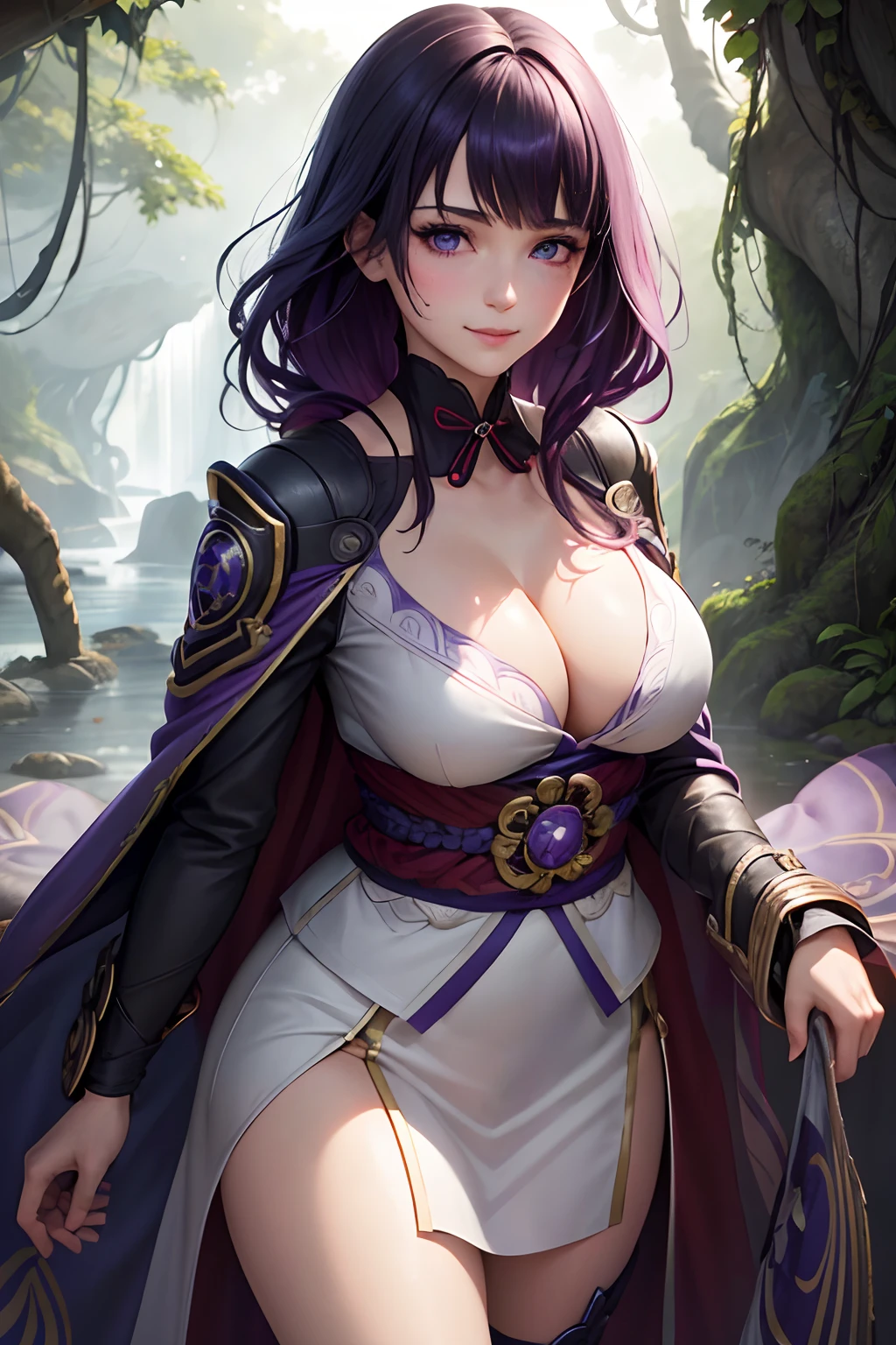 (best quality, masterpiece:1.2), 1girl, detailed hair, detailed eyes, detailed lips, raidenshogunrnd, medium hair, dark purple hair, blue eyes, large breast, (open military coat), upper body, belt, jungle, realistic colors, studio lighting, looking at viewer, (shy smile, blushing), from behind
