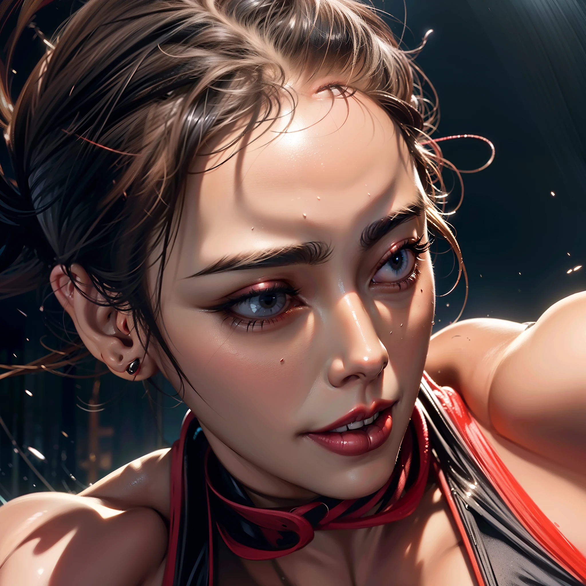 Close-up of a woman wearing a red top and a black top, ultra realistic concept art, wojtek fus, hyperrealistic concept art, Ross Tran 8 K, hyperrealistic concept art, Beautiful digital artwork, hyper realistic digital painting, hyper realistic digital painting, hyperrealistic digital painting, Arte conceptual fotorrealista, 4k concept art and hyper realism