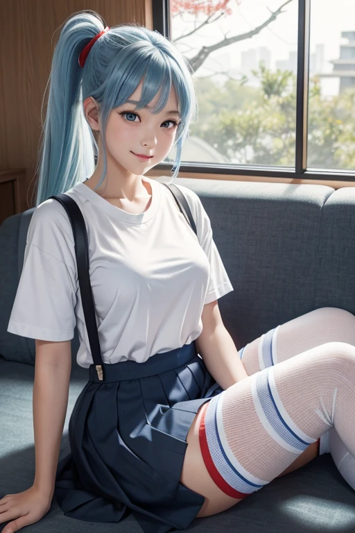 Young girls，double-ponytail，Pale blue hair，red color eyes，JK school uniform，solo person，Maid skirt，white stockings，White knee-length socks，Suspenders，looking to the camera，in a panoramic view，Lying on the couch，Five black males，White T-shirt，denim pant，Smiling at the girl，Masterpiece，Best quality，Japanese style binding，tatami mats，bedroom background，4k，Outstanding work。