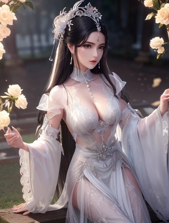ultra realista 8k CG, rosto perfeito, Impeccable, limpo, master part, Arte prOfissional, obras de arte famosas, The cinememographic lighting, Cinememographic Flower, rosto perfeito, beautiful face, fantasia, Sonho, irreal, science fiction,   renda, lace trim, Roupa de pernas com corte de renda,  (rico:1.4), prestige, luxo, jewelries, Diamante, ouro, pearl, gema, safira, rubi, esmeralda, detalhes intrincados, delicate pattern, encantador, sedutor, sedutor, Erotic, Encantadora, enfeiteo de cabelo, colar, Brincos, pulseira, Armlet,halo
((,1girl, Pov,))(((prOfundidade_Of_campo, fotografia_Background Story, concentrado, fotografia_\(medium\), 1girl, flor, preto_Hair, Longas_Hair, Chinese_Clothes,lua,luar, Hair_enfeite, , Olhando_em_visualizador,  )))