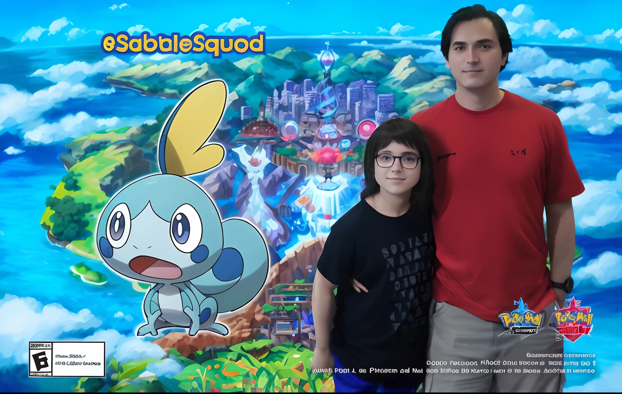 Image of a man and a girl standing in front of a Pokemon game, pokemon espada e sheild, Tony Sart e um artista de anime, Frank Franzzeta e Sakimichan, Esguicho, pokedstudios, Arte Oficial, arte oficial, Greg Rutkowski e Studio Ghibli, 64x64