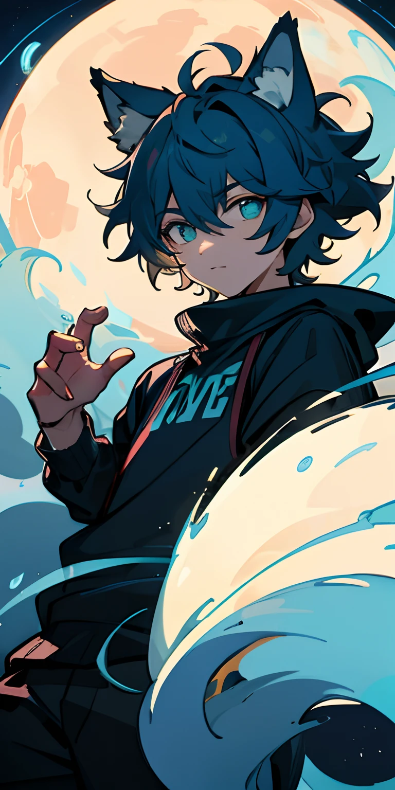 Dark blue hair, wolf haircut, messy hair, short hair, male character, wolf ears, looking the sky, big moon background, cyan eyes, basic expression, big black sweatshirt, casual clothes, big wolf blue tail, cool, lovely, thinking, illustration, aesthetic, beautiful digital artwork, mythical, bloom, shine, glowing eyes, colourful, toon, masterpiece, high quality, handsome character, close up