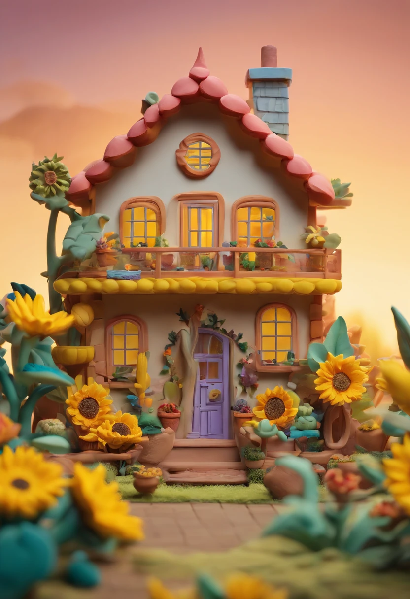 Sunflower House Gloria Studio, The garden is full of sunflowers, Clay material, Cartoon design style, pop mart, Soft lighting, Smooth lines, tilt shift lens, Detailed science fiction illustration, Hyper-realistic details, warm color