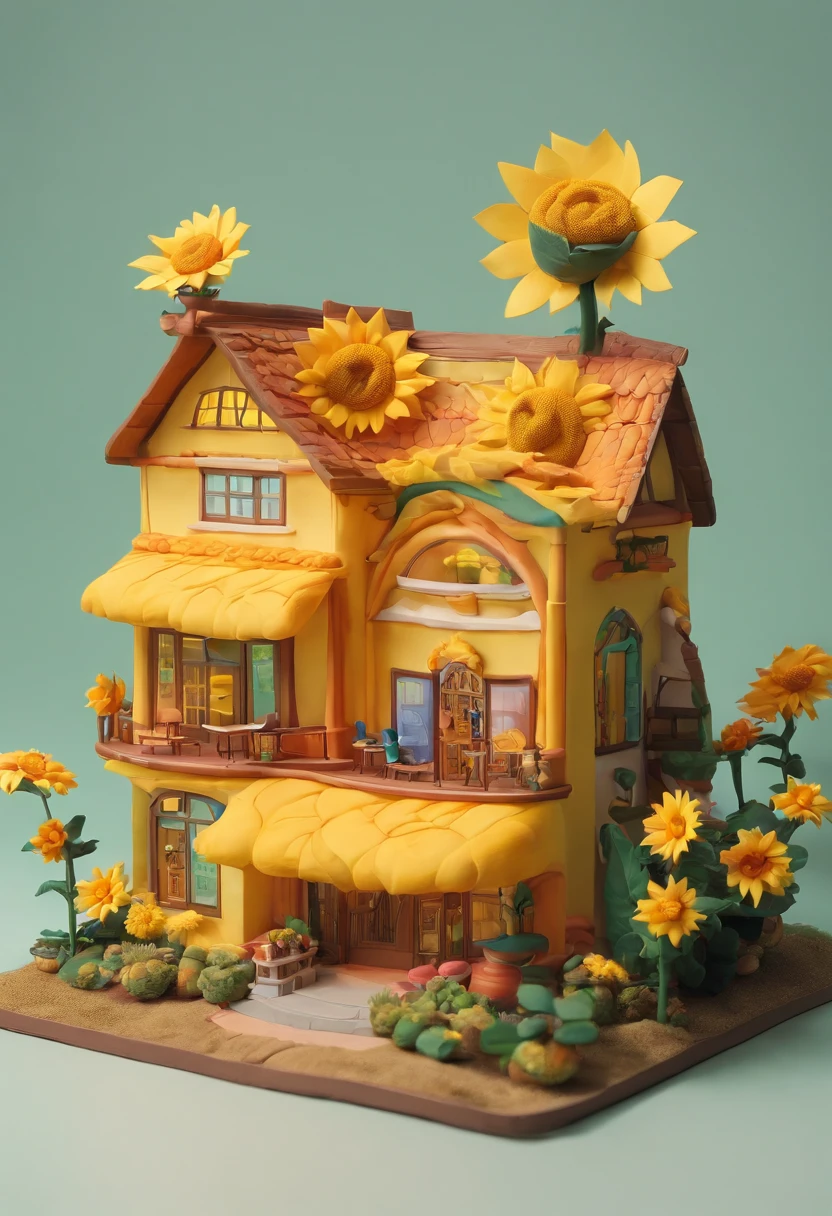 Sunflower House Gloria Studio, The garden is full of sunflowers, Clay material, Cartoon design style, pop mart, Soft lighting, Smooth lines, tilt shift lens, Detailed science fiction illustration, Hyper-realistic details, warm color