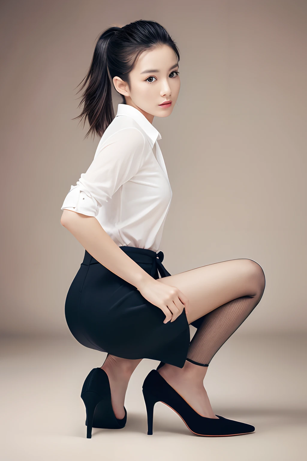 best qualtiy，tmasterpiece，超高分辨率，（fidelity：1.4），RAW photogr，1girl，detailed face, short pony tail, long leges，standing on your feet, high-heels.