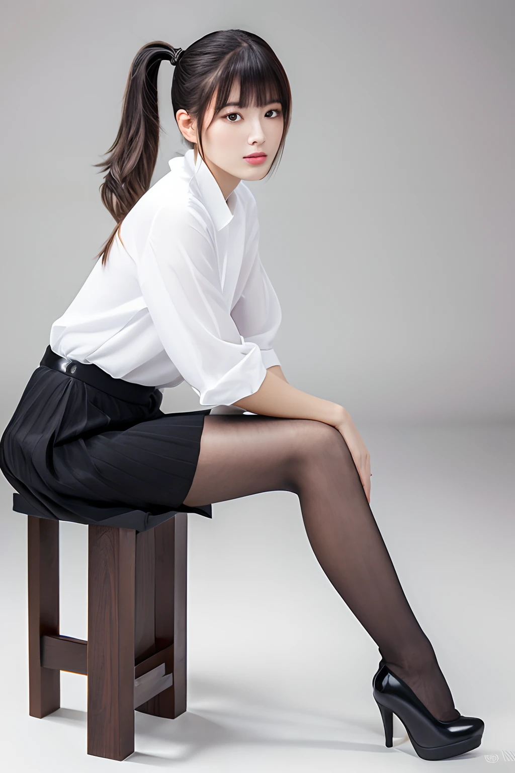 best qualtiy,tmasterpiece,超高分辨率,(fidelity:1.4),RAW photogr,1girl,detailed face, short pony tail, long leges,standing on your feet, high-heels.